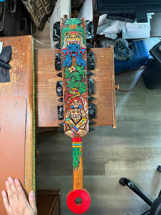 Large Aztec Macuahuitl Tlaloc, Mictlantecuhtli, Quetzalcoatl Kukulkan, Club 31.5"