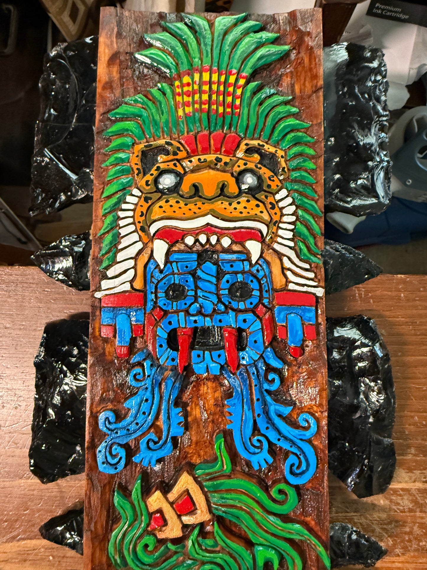 Large Aztec Macuahuitl Tlaloc, Mictlantecuhtli, Quetzalcoatl Kukulkan, Club 31.5"