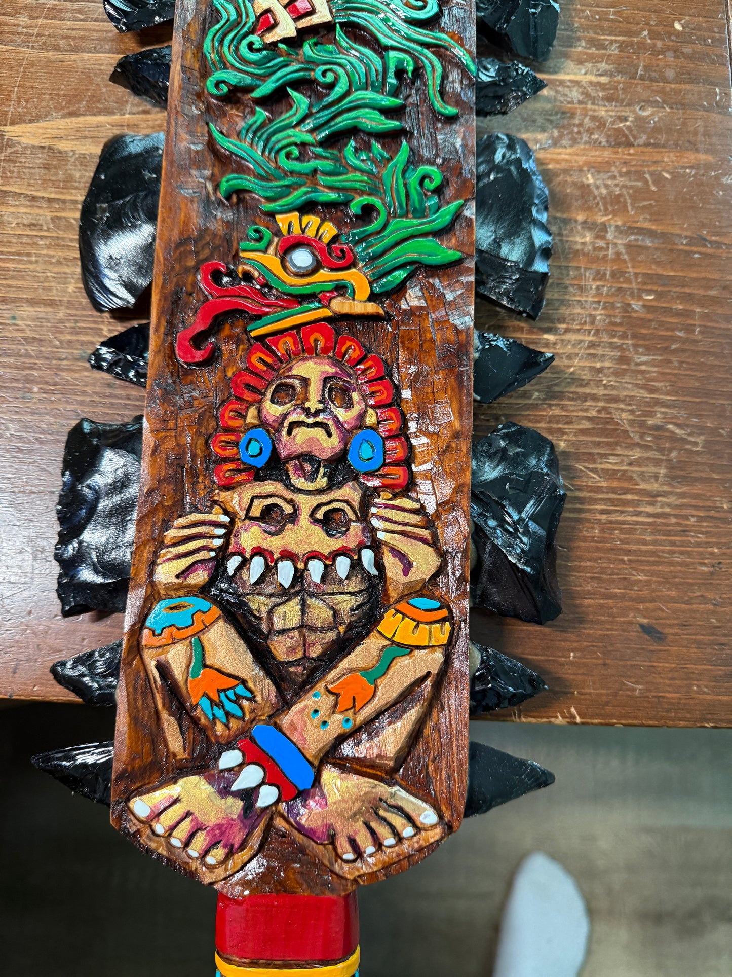 Large Aztec Macuahuitl Tlaloc, Mictlantecuhtli, Quetzalcoatl Kukulkan, Club 31.5"