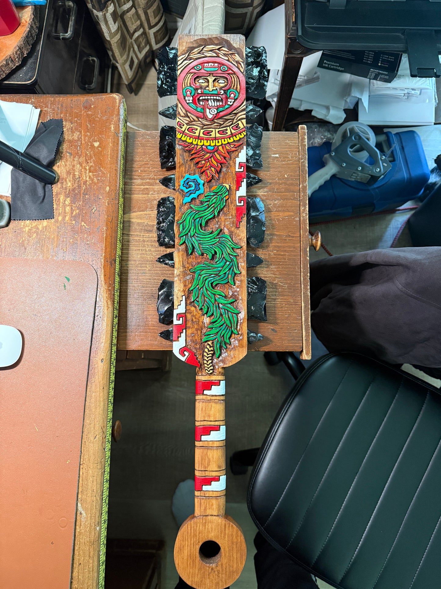 Large Aztec Macuahuitl Tonatiiuh Sun God, Sword Club, Mexico 31.5"