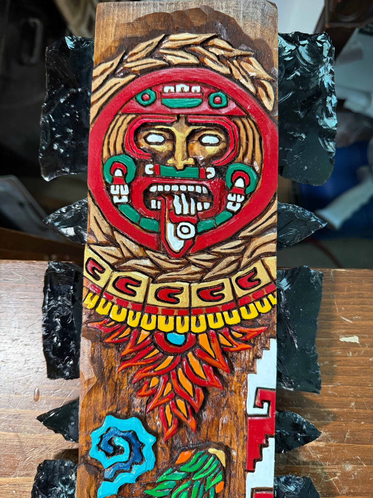 Large Aztec Macuahuitl Tonatiiuh Sun God, Sword Club, Mexico 31.5"