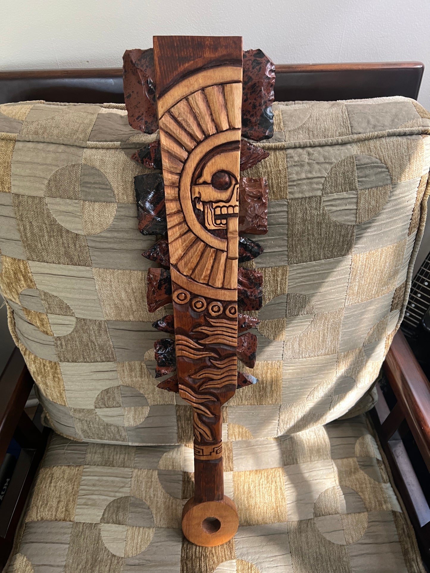 Aztec Macuahuitl, Mictlantecuitli, Skull, Piedra de Muerte, Stone of the Dead, Wood, Obsidian, Hand Carved, 28" Wall Art, Replica Ancient Mexica