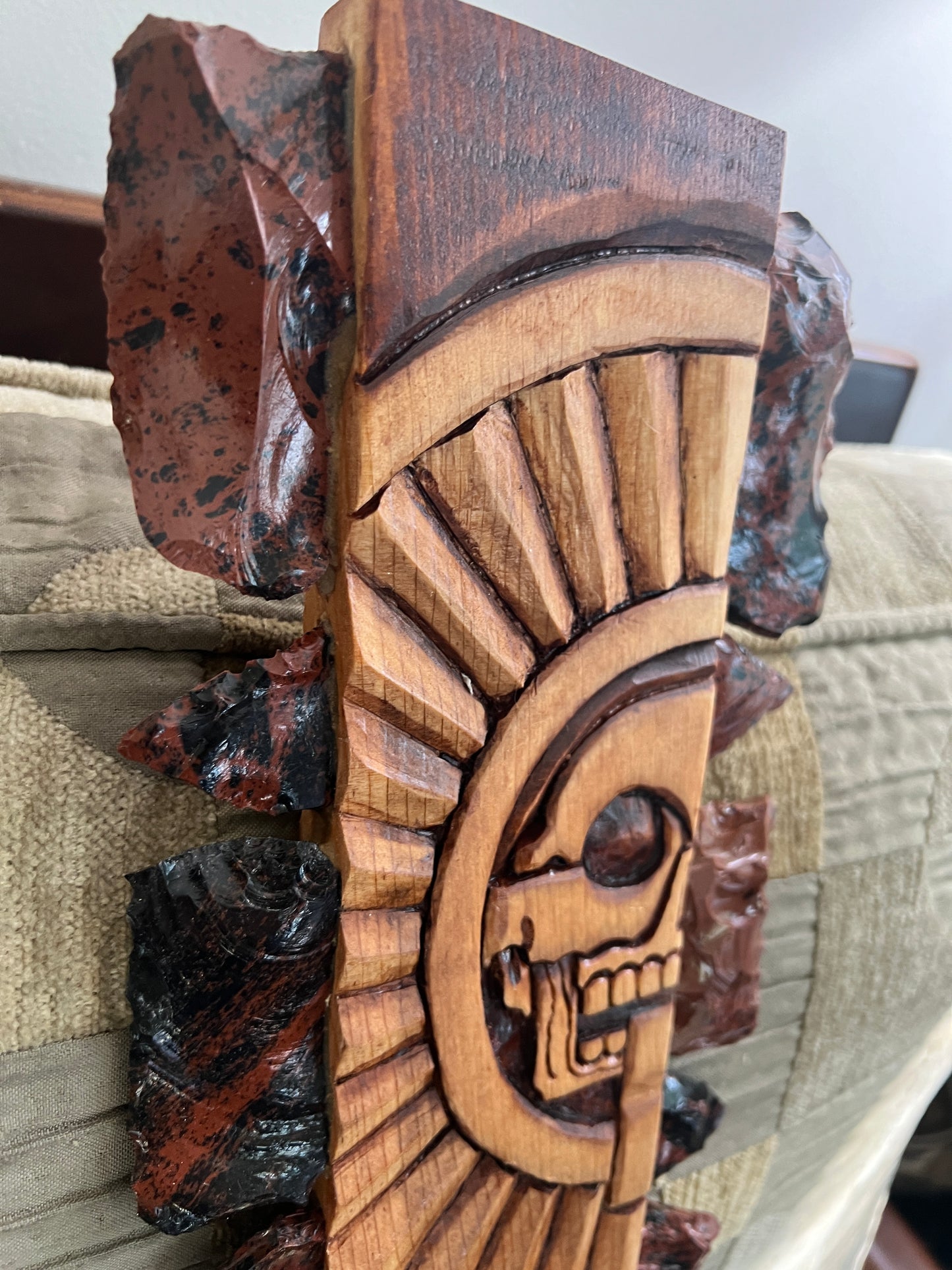 Aztec Macuahuitl, Mictlantecuitli, Skull, Piedra de Muerte, Stone of the Dead, Wood, Obsidian, Hand Carved, 28" Wall Art, Replica Ancient Mexica