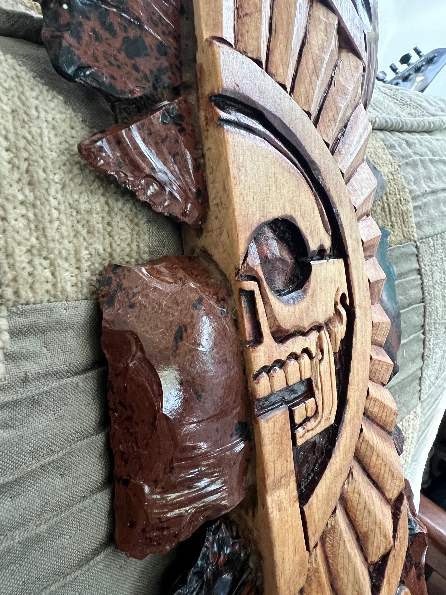 Aztec Macuahuitl, Mictlantecuitli, Skull, Piedra de Muerte, Stone of the Dead, Wood, Obsidian, Hand Carved, 28" Wall Art, Replica Ancient Mexica