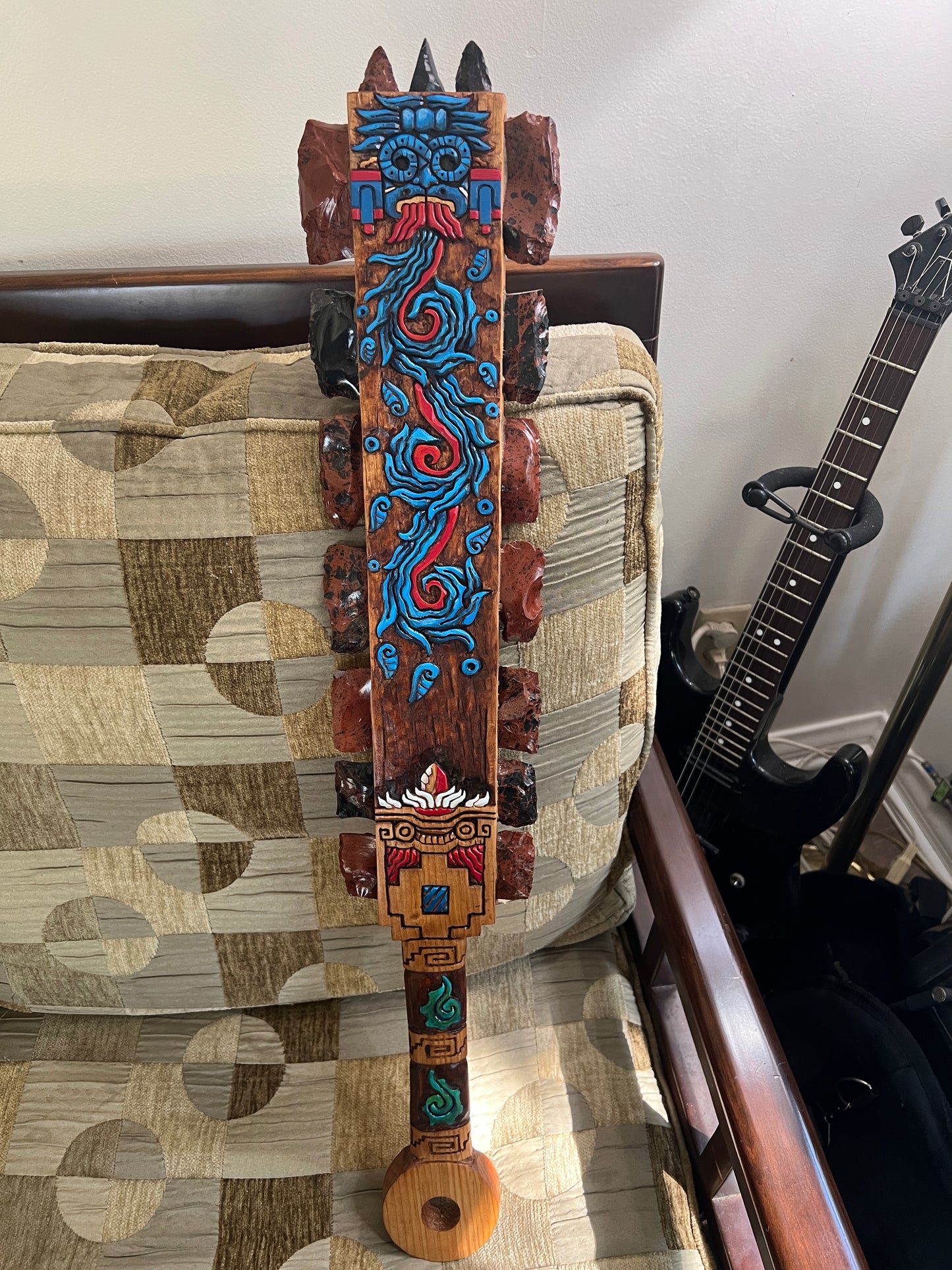 Aztec Macuahuitl Painted Tlaloc Rain God, Wood Obsidian Hanging Art, Indigenous, Ancient Club, Sword from Mexico, Authentic, Mexican