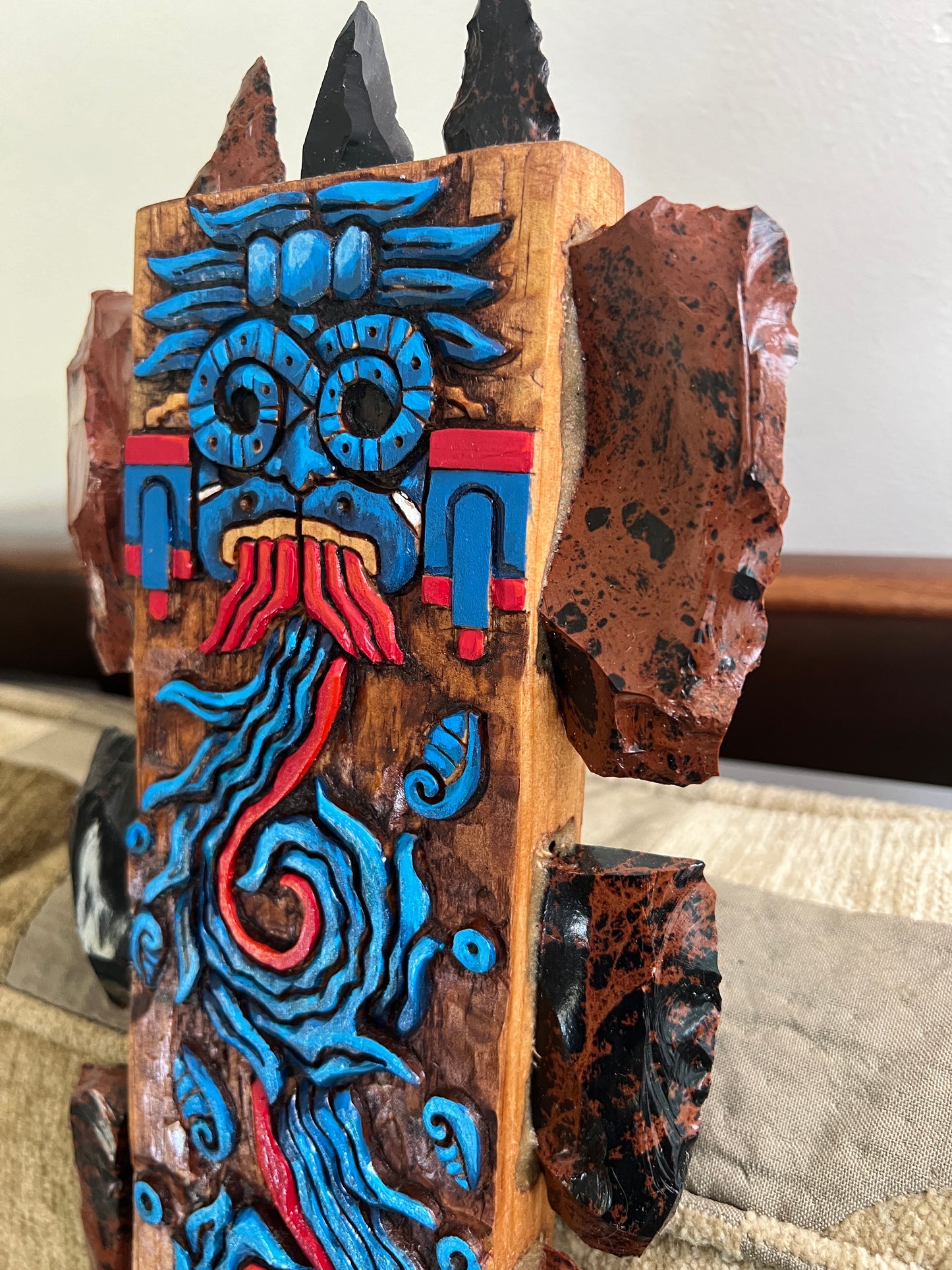 Aztec Macuahuitl Painted Tlaloc Rain God, Wood Obsidian Hanging Art, Indigenous, Ancient Club, Sword from Mexico, Authentic, Mexican