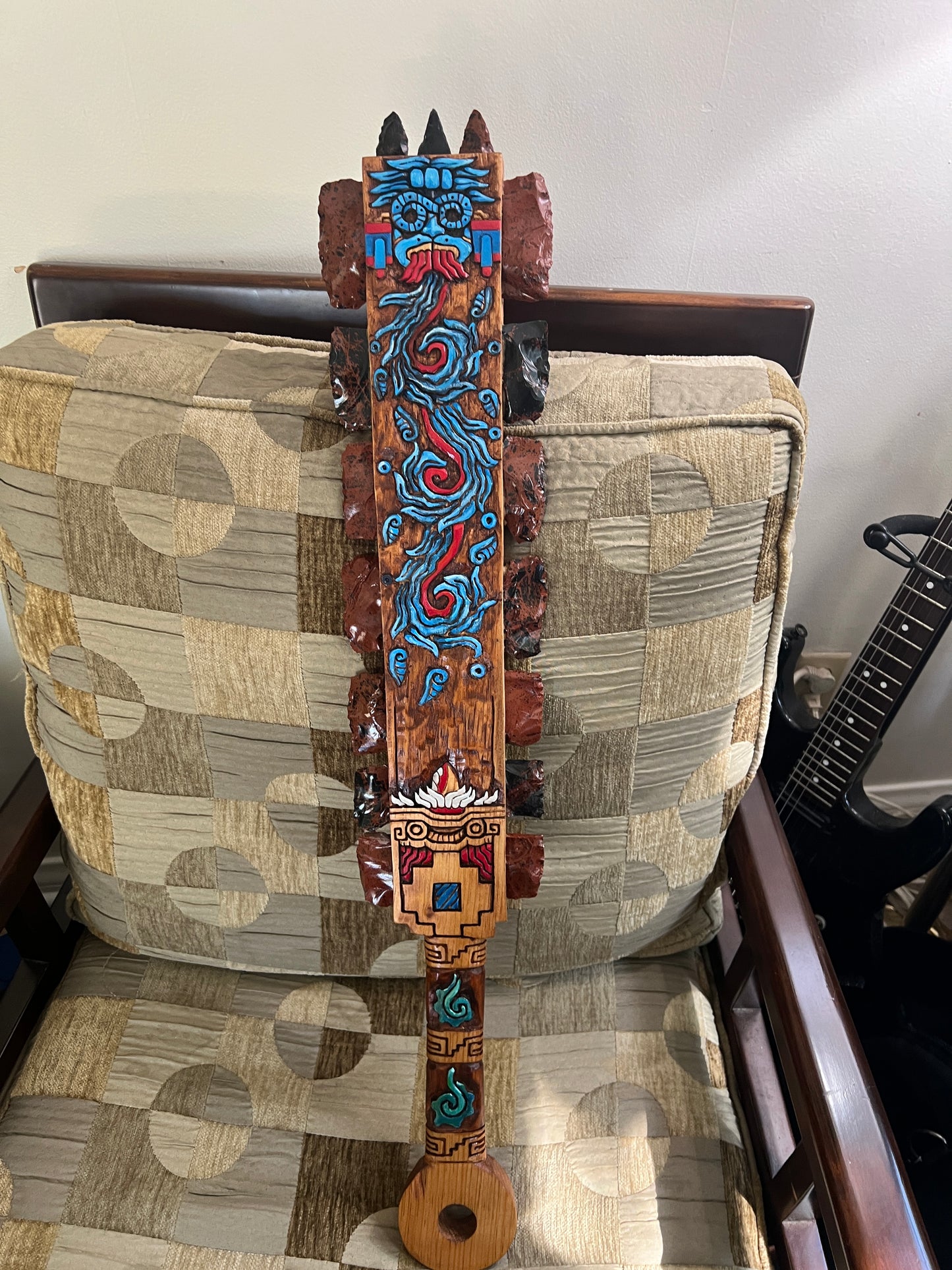 Aztec Macuahuitl Painted Tlaloc Rain God, Wood Obsidian Hanging Art, Indigenous, Ancient Club, Sword from Mexico, Authentic, Mexican