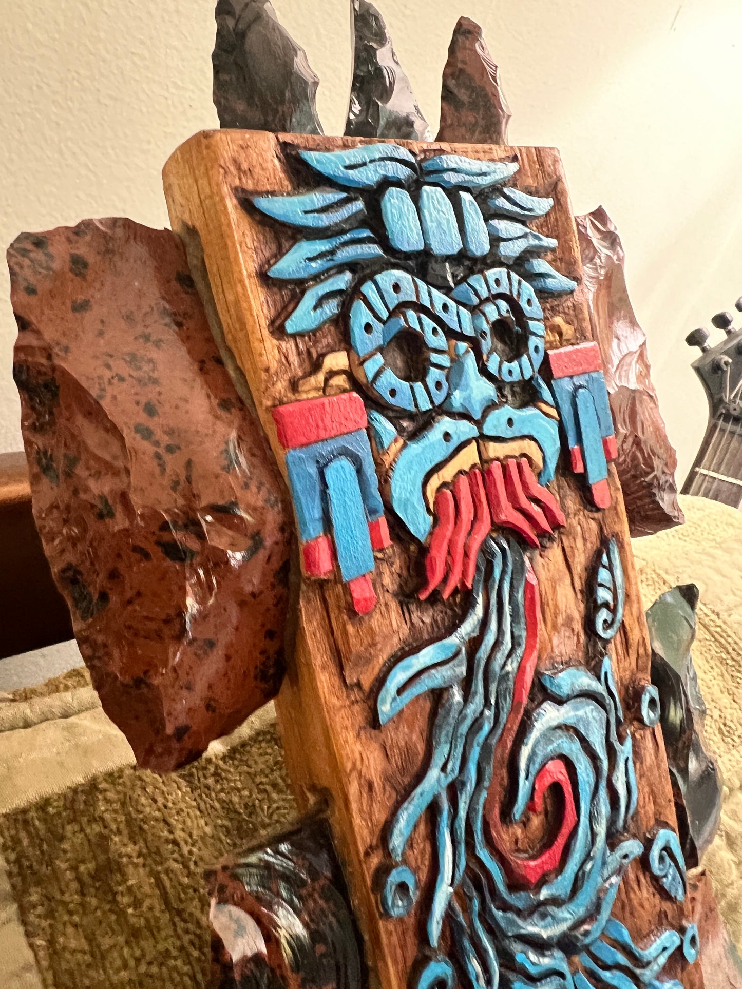 Aztec Macuahuitl Painted Tlaloc Rain God, Wood Obsidian Hanging Art, Indigenous, Ancient Club, Sword from Mexico, Authentic, Mexican