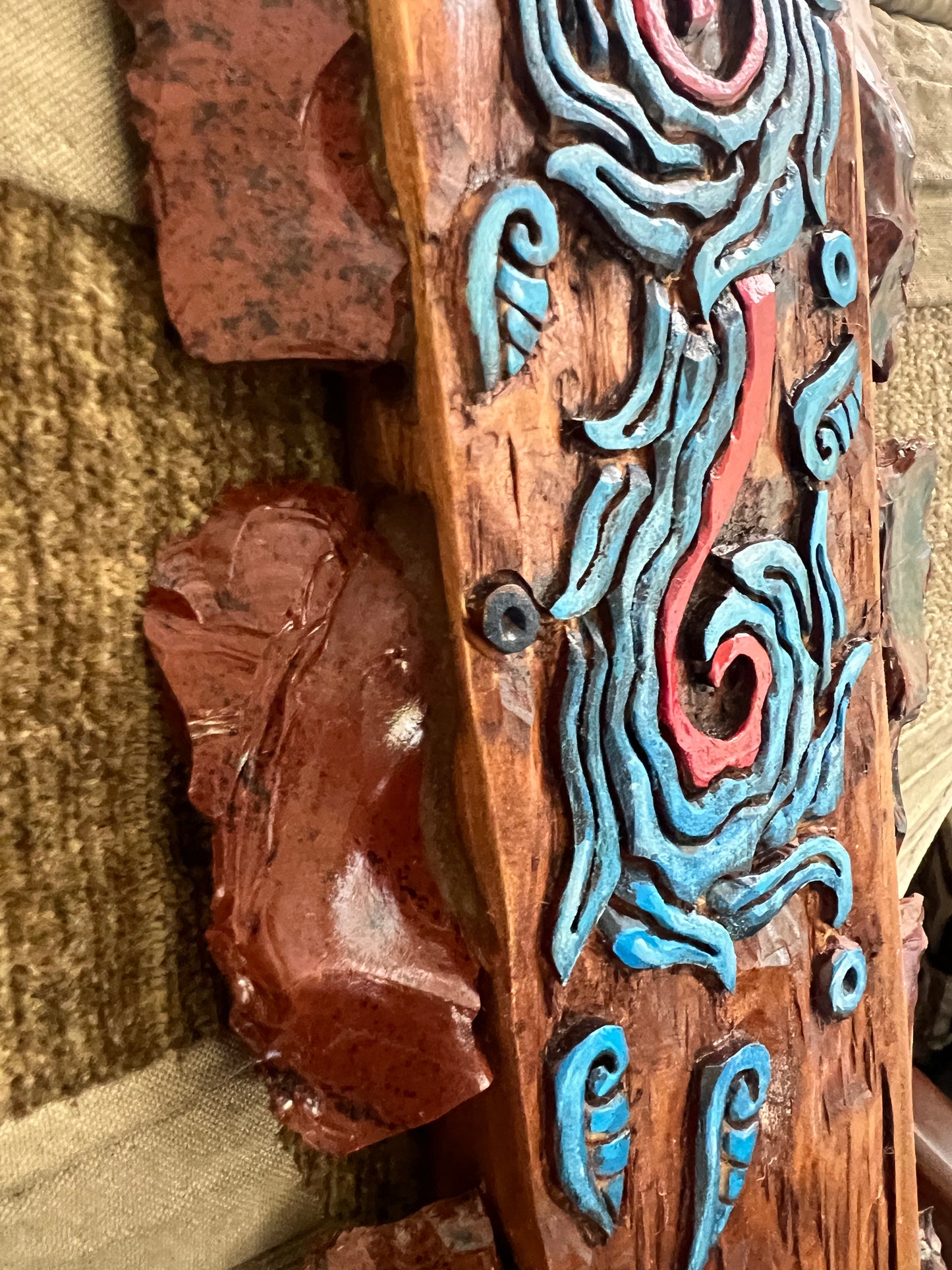 Aztec Macuahuitl Painted Tlaloc Rain God, Wood Obsidian Hanging Art, Indigenous, Ancient Club, Sword from Mexico, Authentic, Mexican