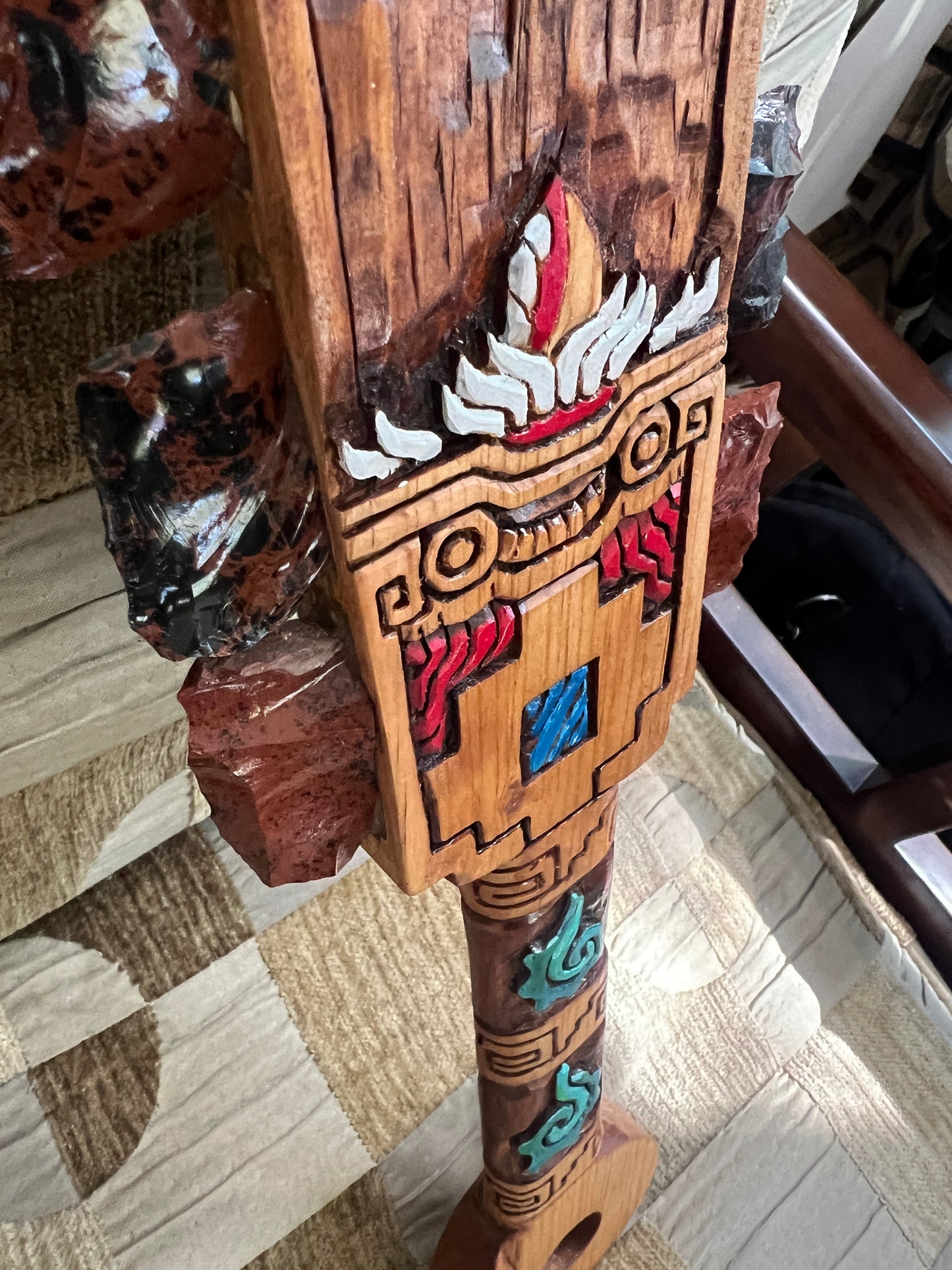 Aztec Macuahuitl Painted Tlaloc Rain God, Wood Obsidian Hanging Art, Indigenous, Ancient Club, Sword from Mexico, Authentic, Mexican