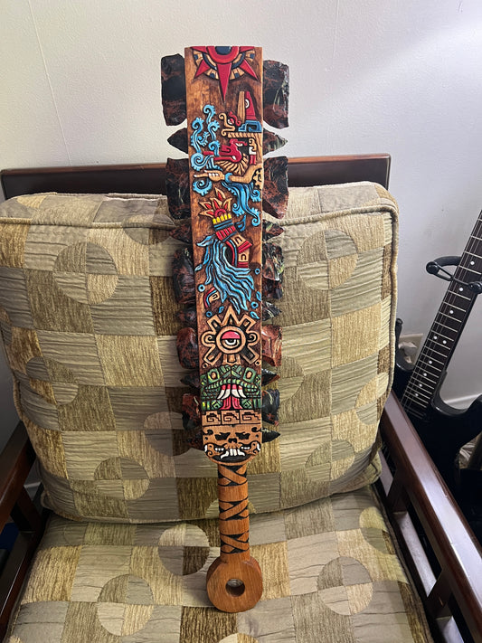 Aztec Macuahuitl Painted Ehcatl-Quetzalcoat, Ollin, Coatlicue, Alt Tlachinoli, Wood Obsidian Hanging Art, Indigenous, Ancient Club, Sword from Mexico, Authentic, Mexican