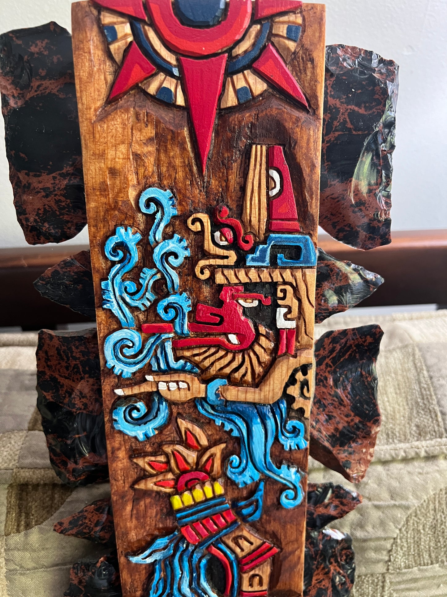 Aztec Macuahuitl Painted Ehcatl-Quetzalcoat, Ollin, Coatlicue, Alt Tlachinoli, Wood Obsidian Hanging Art, Indigenous, Ancient Club, Sword from Mexico, Authentic, Mexican