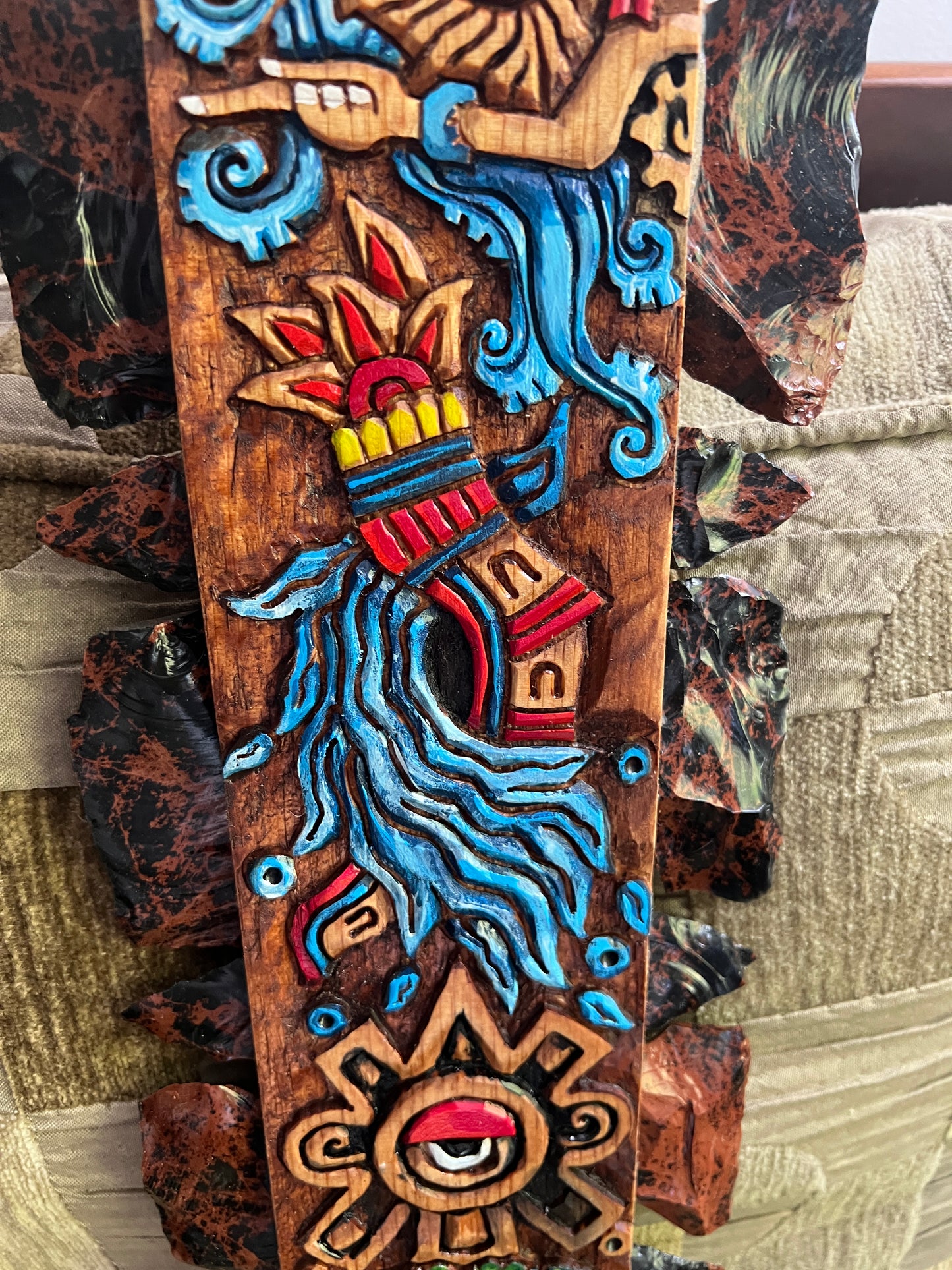 Aztec Macuahuitl Painted Ehcatl-Quetzalcoat, Ollin, Coatlicue, Alt Tlachinoli, Wood Obsidian Hanging Art, Indigenous, Ancient Club, Sword from Mexico, Authentic, Mexican