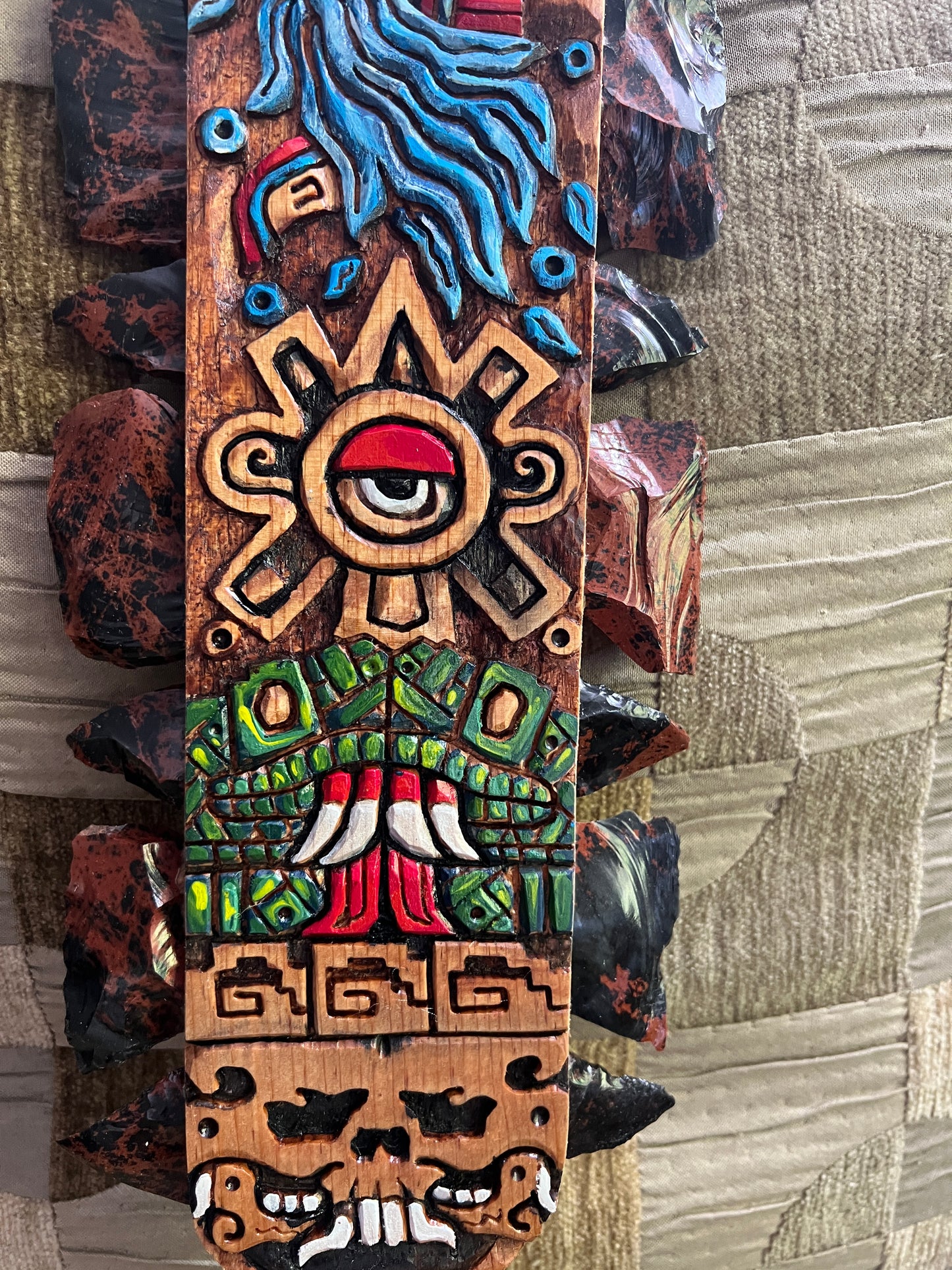 Aztec Macuahuitl Painted Ehcatl-Quetzalcoat, Ollin, Coatlicue, Alt Tlachinoli, Wood Obsidian Hanging Art, Indigenous, Ancient Club, Sword from Mexico, Authentic, Mexican