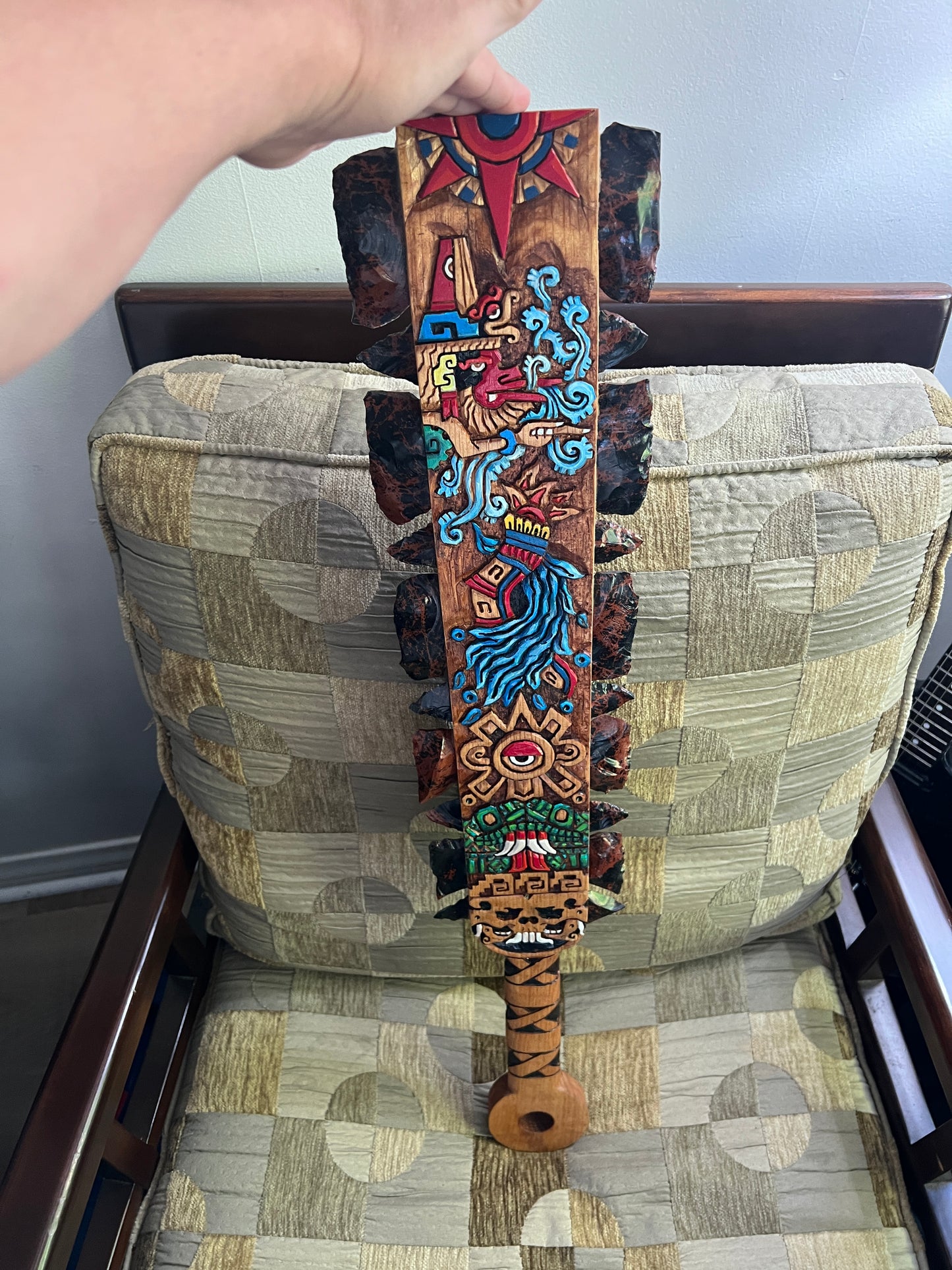 Aztec Macuahuitl Painted Ehcatl-Quetzalcoat, Ollin, Coatlicue, Alt Tlachinoli, Wood Obsidian Hanging Art, Indigenous, Ancient Club, Sword from Mexico, Authentic, Mexican