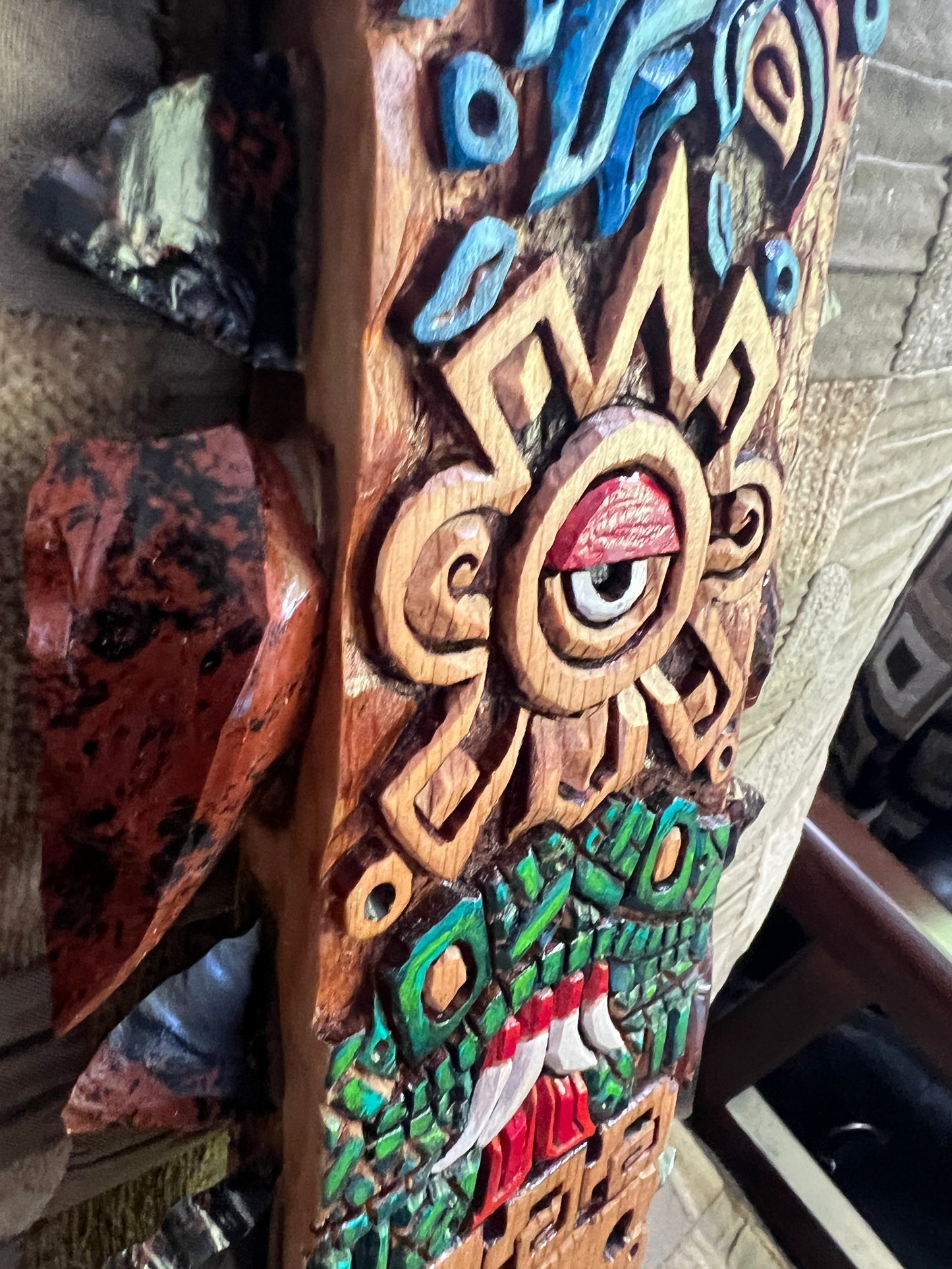 Aztec Macuahuitl Painted Ehcatl-Quetzalcoat, Ollin, Coatlicue, Alt Tlachinoli, Wood Obsidian Hanging Art, Indigenous, Ancient Club, Sword from Mexico, Authentic, Mexican