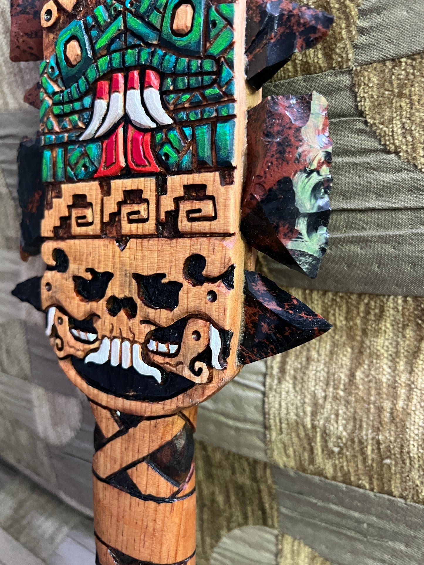 Aztec Macuahuitl Painted Ehcatl-Quetzalcoat, Ollin, Coatlicue, Alt Tlachinoli, Wood Obsidian Hanging Art, Indigenous, Ancient Club, Sword from Mexico, Authentic, Mexican