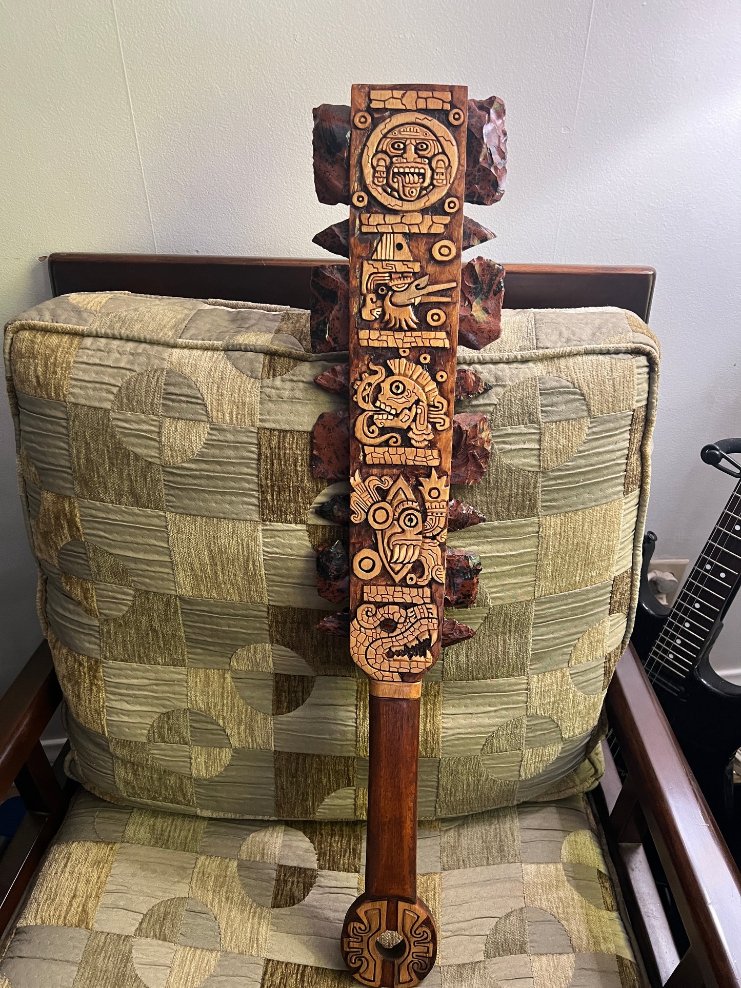 Aztec Macuahuitl Tonatuih, Ehcatl-Quetzalcoat, Miquiztli, Tecpatl, Maquitzcoatl, Wood Obsidian Hanging Art, Indigenous, Ancient Club, Sword from Mexico, Authentic, Mexican