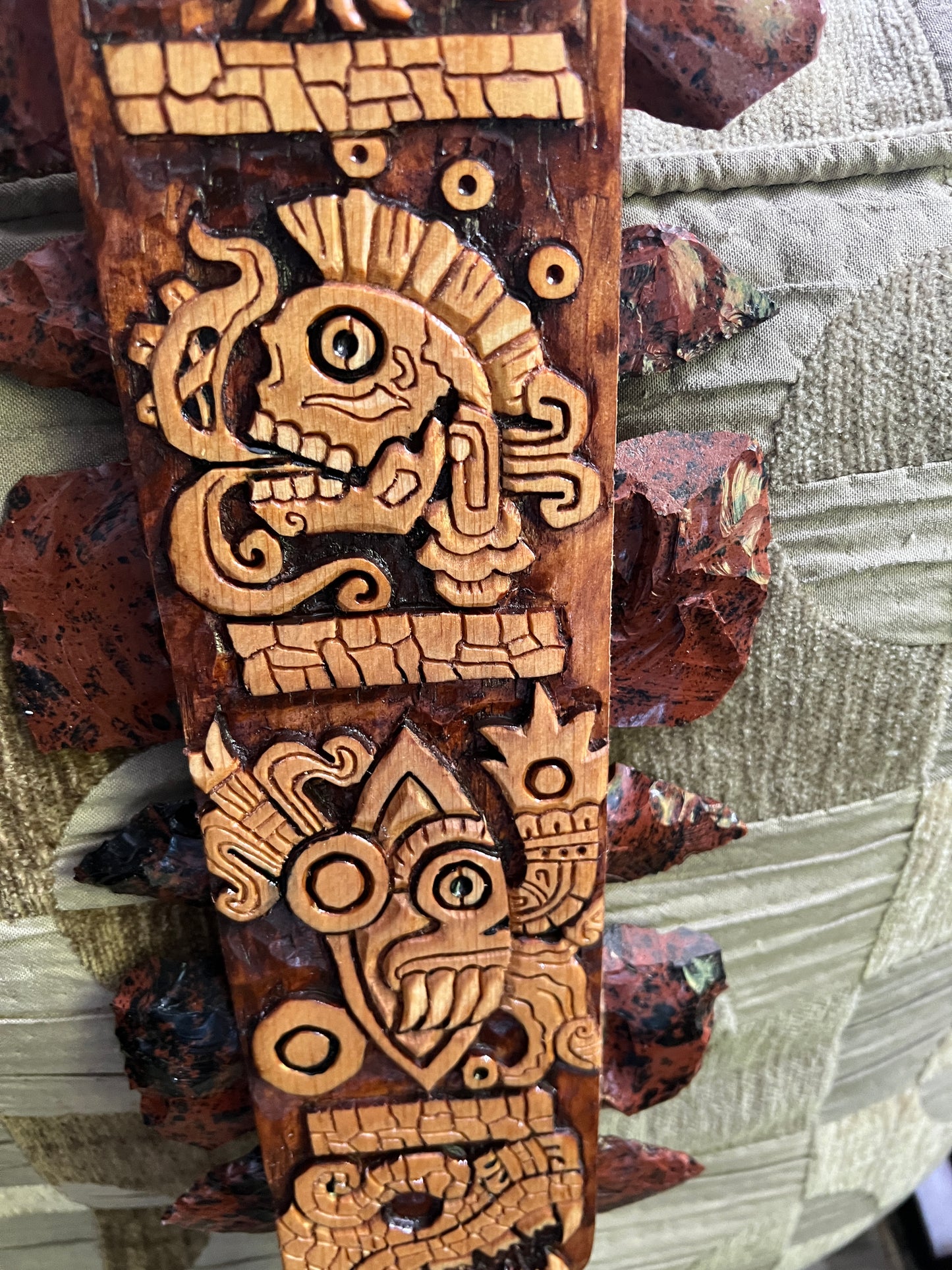 Aztec Macuahuitl Tonatuih, Ehcatl-Quetzalcoat, Miquiztli, Tecpatl, Maquitzcoatl, Wood Obsidian Hanging Art, Indigenous, Ancient Club, Sword from Mexico, Authentic, Mexican