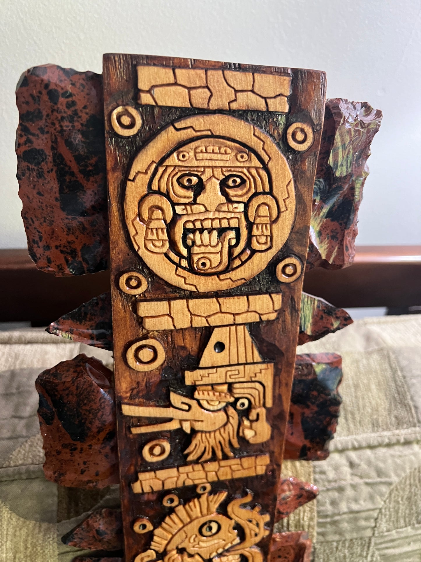 Aztec Macuahuitl Tonatuih, Ehcatl-Quetzalcoat, Miquiztli, Tecpatl, Maquitzcoatl, Wood Obsidian Hanging Art, Indigenous, Ancient Club, Sword from Mexico, Authentic, Mexican