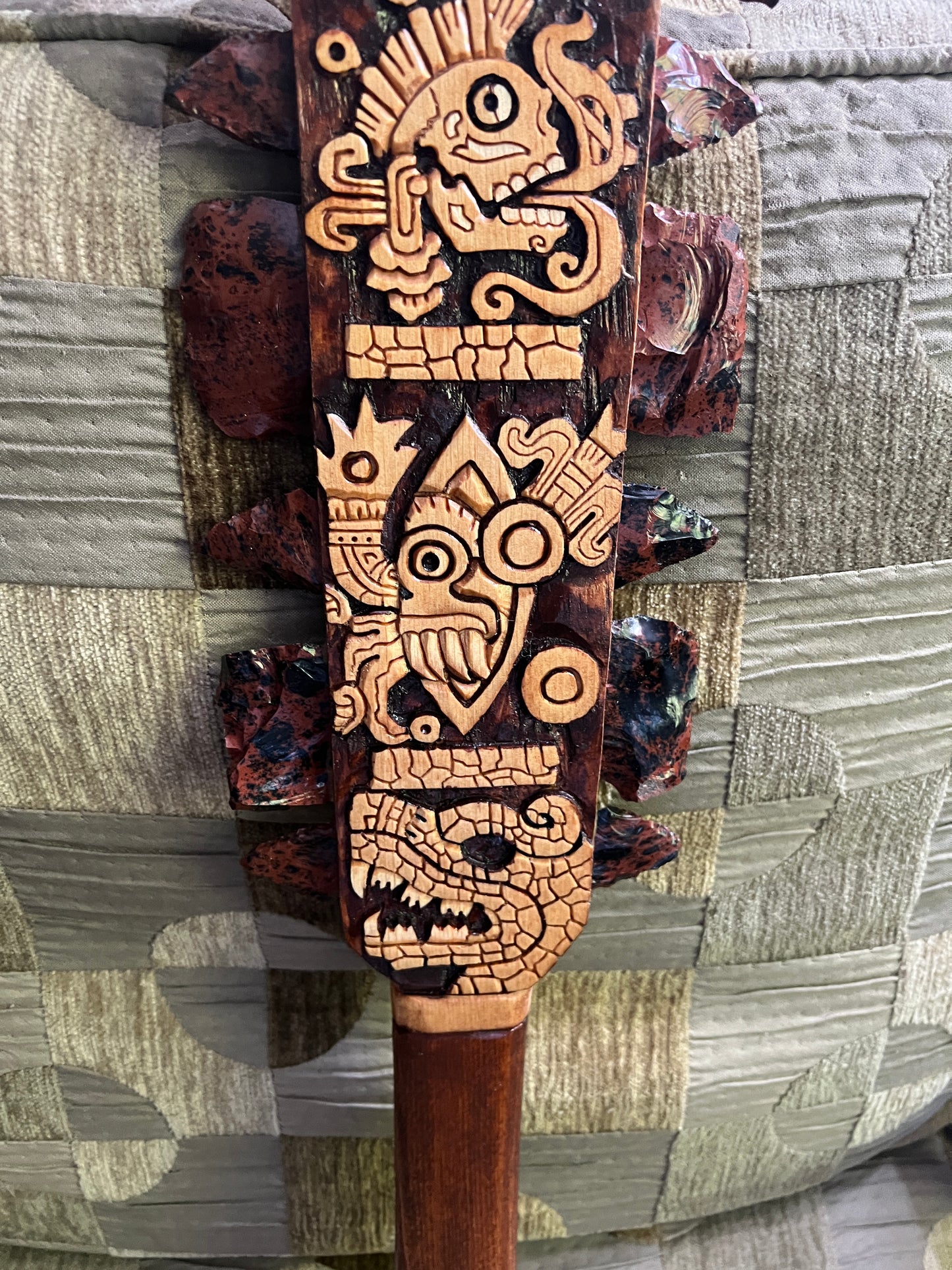 Aztec Macuahuitl Tonatuih, Ehcatl-Quetzalcoat, Miquiztli, Tecpatl, Maquitzcoatl, Wood Obsidian Hanging Art, Indigenous, Ancient Club, Sword from Mexico, Authentic, Mexican