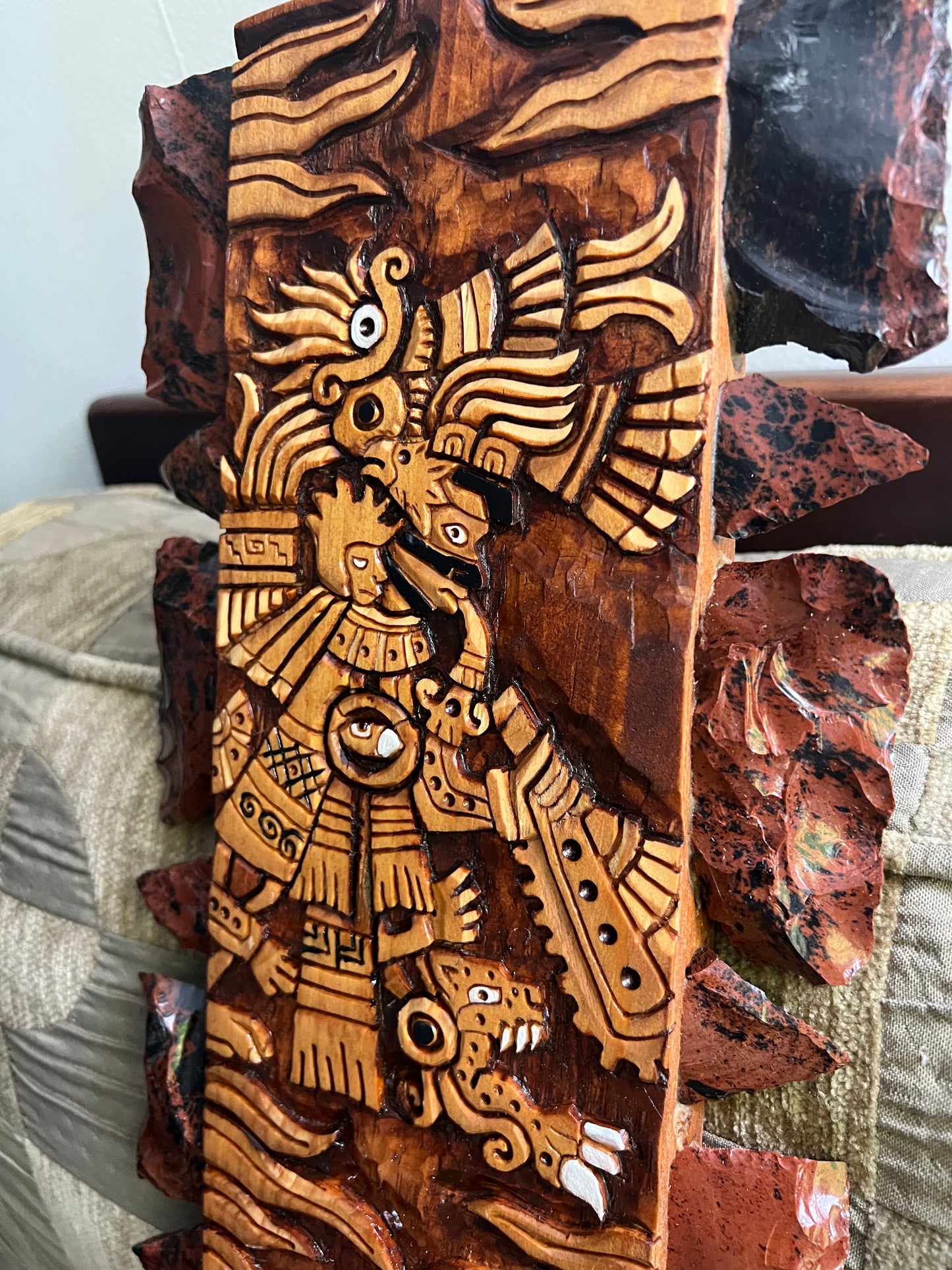 Tezcatlipoca and Jaguar Warrior Aztec Macuahuitl Wood Obsidian Carved from Mexico by Aztecs, Mexica, the Smoking Mirror, Jaguar Spots, Ancient Wall Art, Mexican