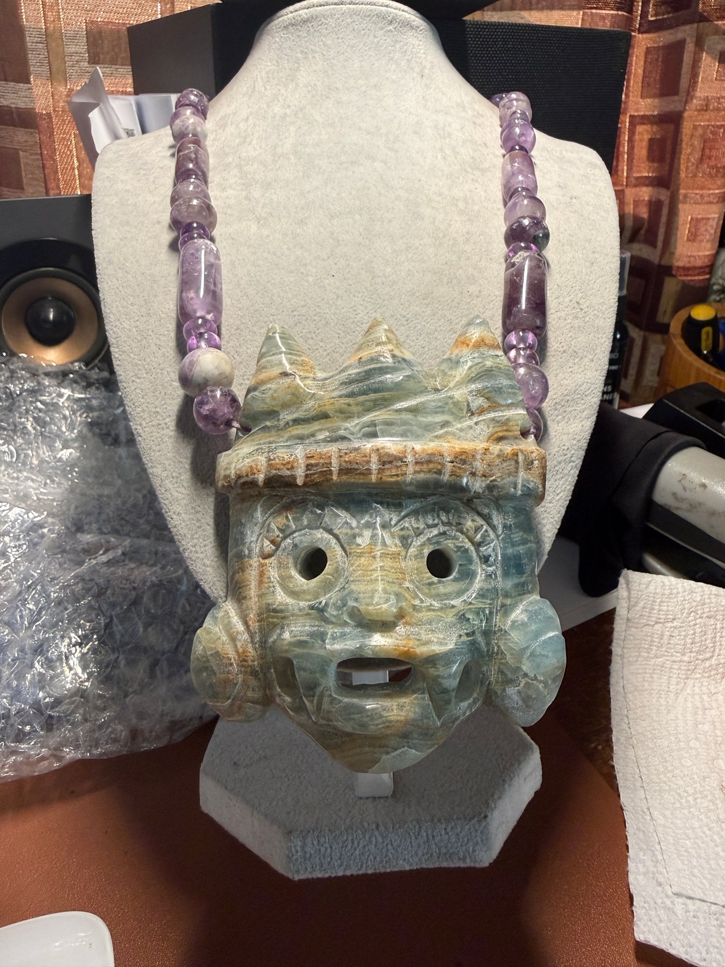 Huge Fluorite Tlaloc Aztec Pendant Necklace, 4", Amethyst Beads, Mexican #41