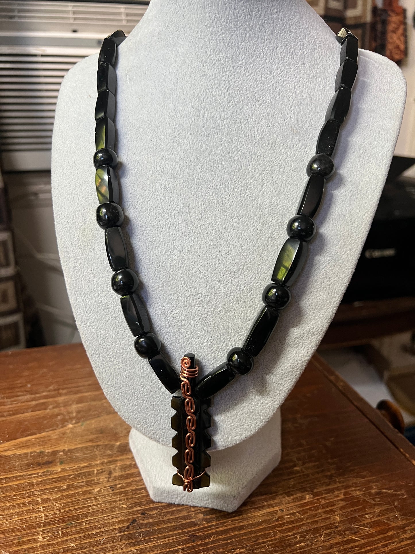 Gold Obsidian Stone Macuahuitl Necklace, Aztec Sword Design,copper deco, black obsidian beads, Mexico, Mexican (16)