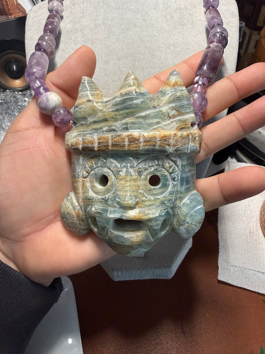 Huge Fluorite Tlaloc Aztec Pendant Necklace, 4", Amethyst Beads, Mexican #41