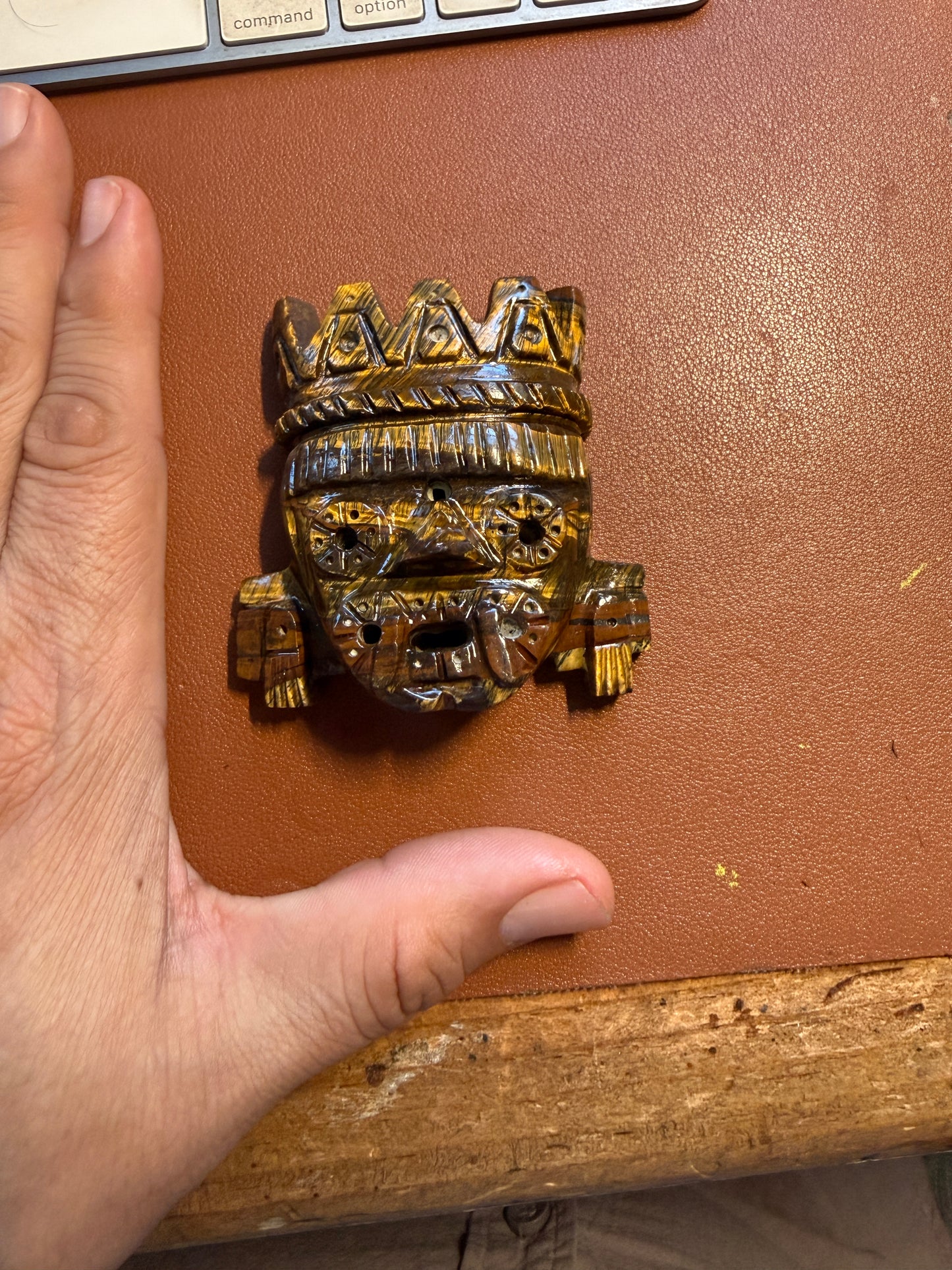 Golden Tlaloc Tiger Eye Stone Pendant 2 3/4", Mexican, Aztec, Native, Tribal #37