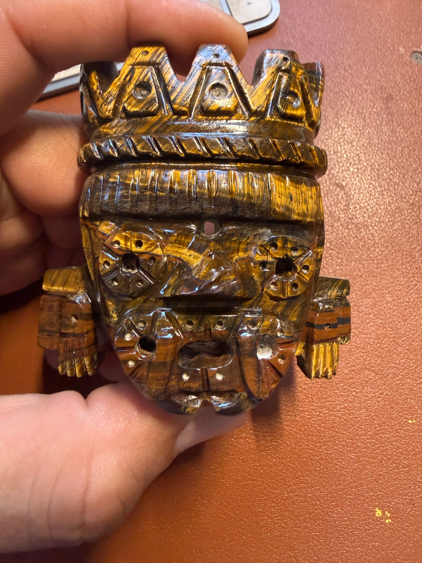 Golden Tlaloc Tiger Eye Stone Pendant 2 3/4", Mexican, Aztec, Native, Tribal #37