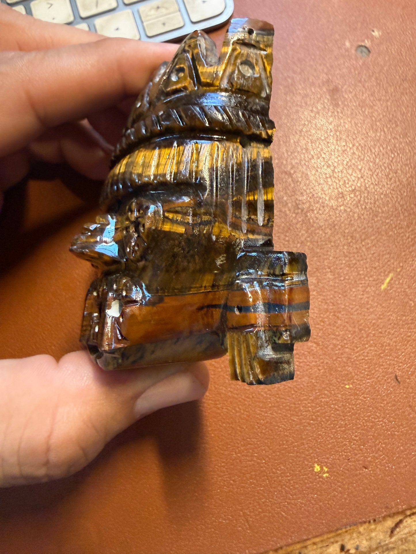 Golden Tlaloc Tiger Eye Stone Pendant 2 3/4", Mexican, Aztec, Native, Tribal #37