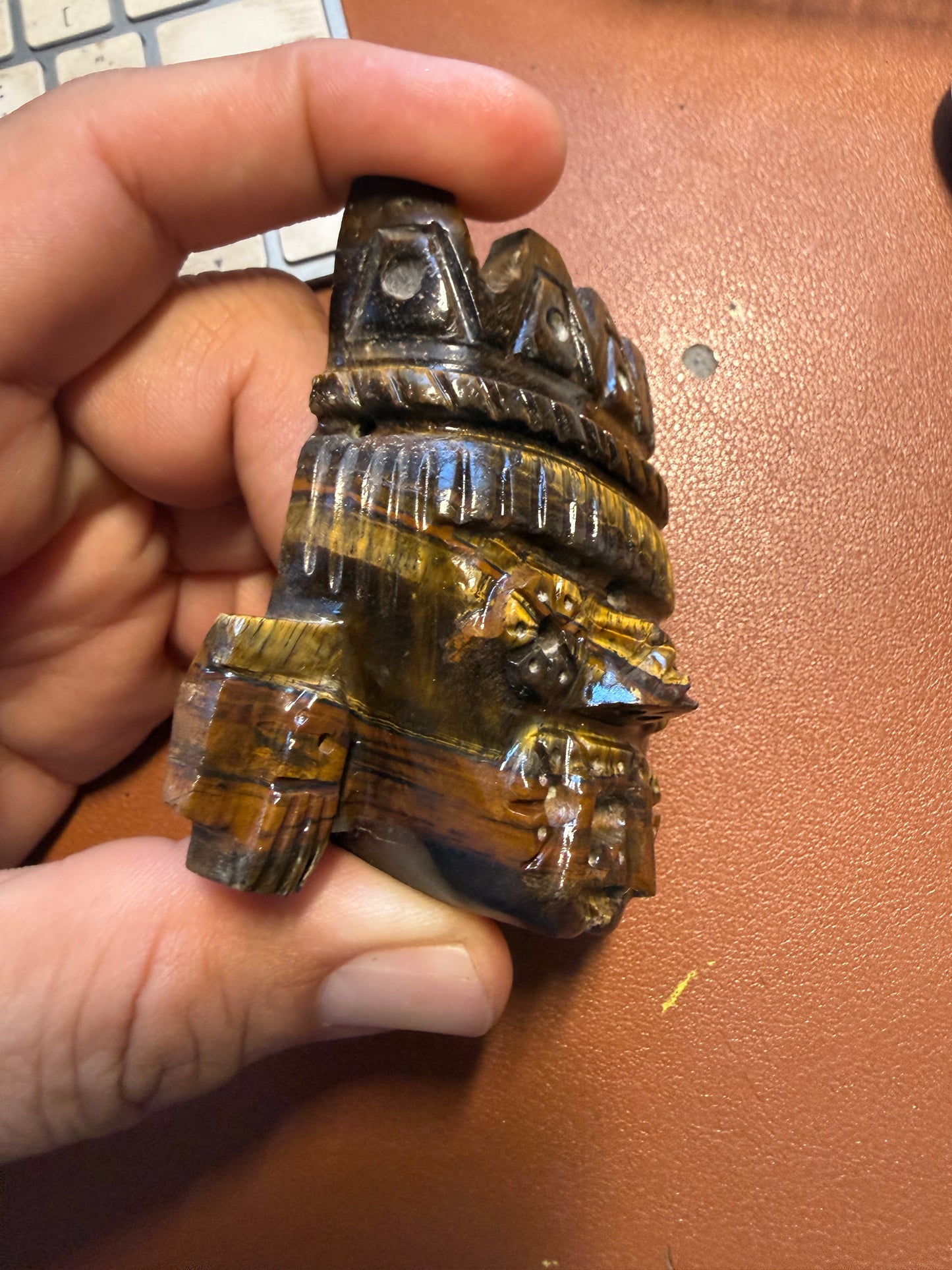 Golden Tlaloc Tiger Eye Stone Pendant 2 3/4", Mexican, Aztec, Native, Tribal #37