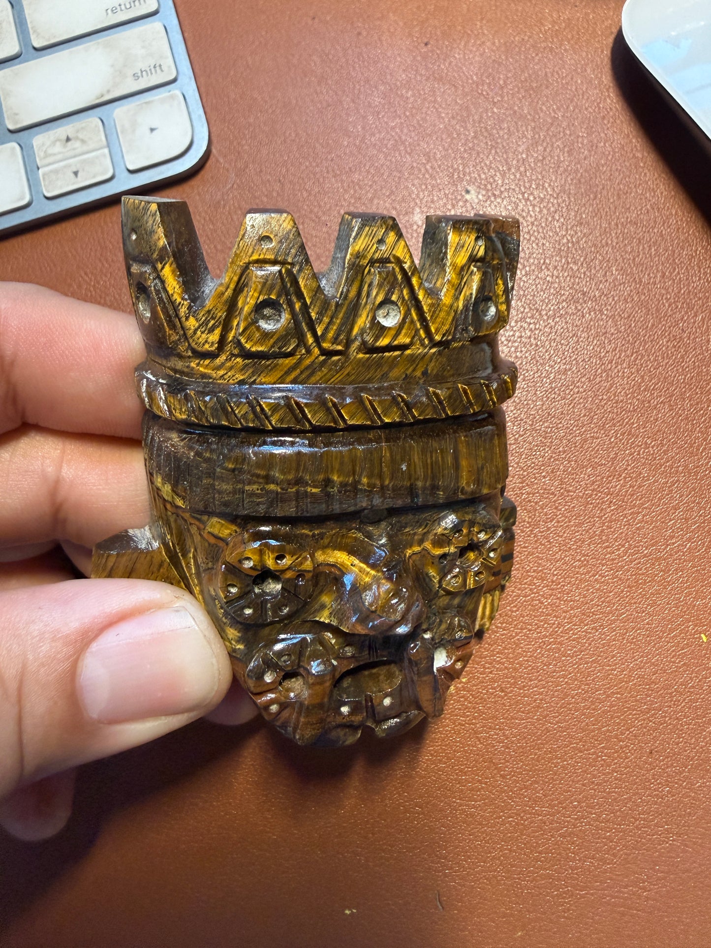 Golden Tlaloc Tiger Eye Stone Pendant 2 3/4", Mexican, Aztec, Native, Tribal #37