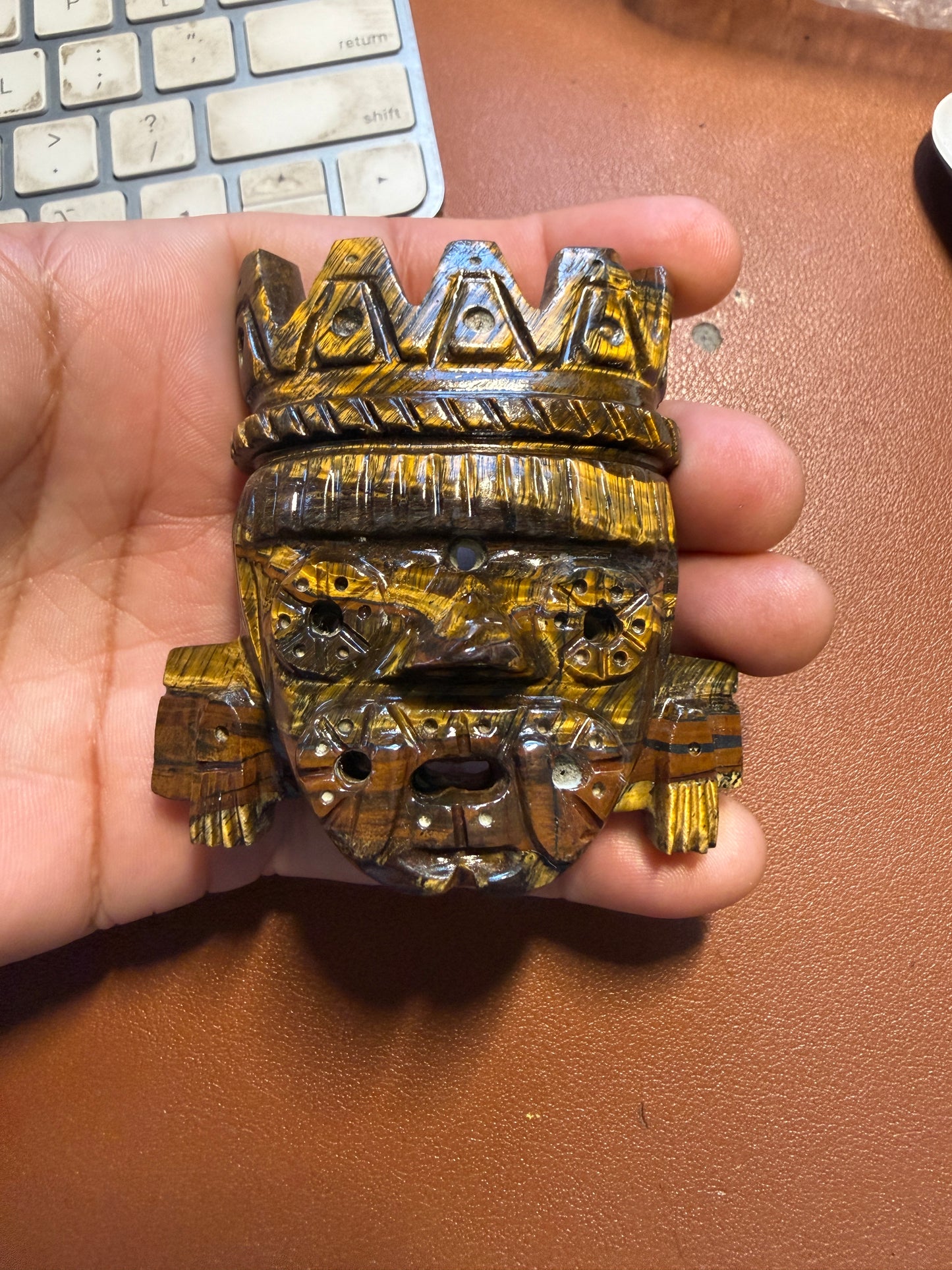 Golden Tlaloc Tiger Eye Stone Pendant 2 3/4", Mexican, Aztec, Native, Tribal #37