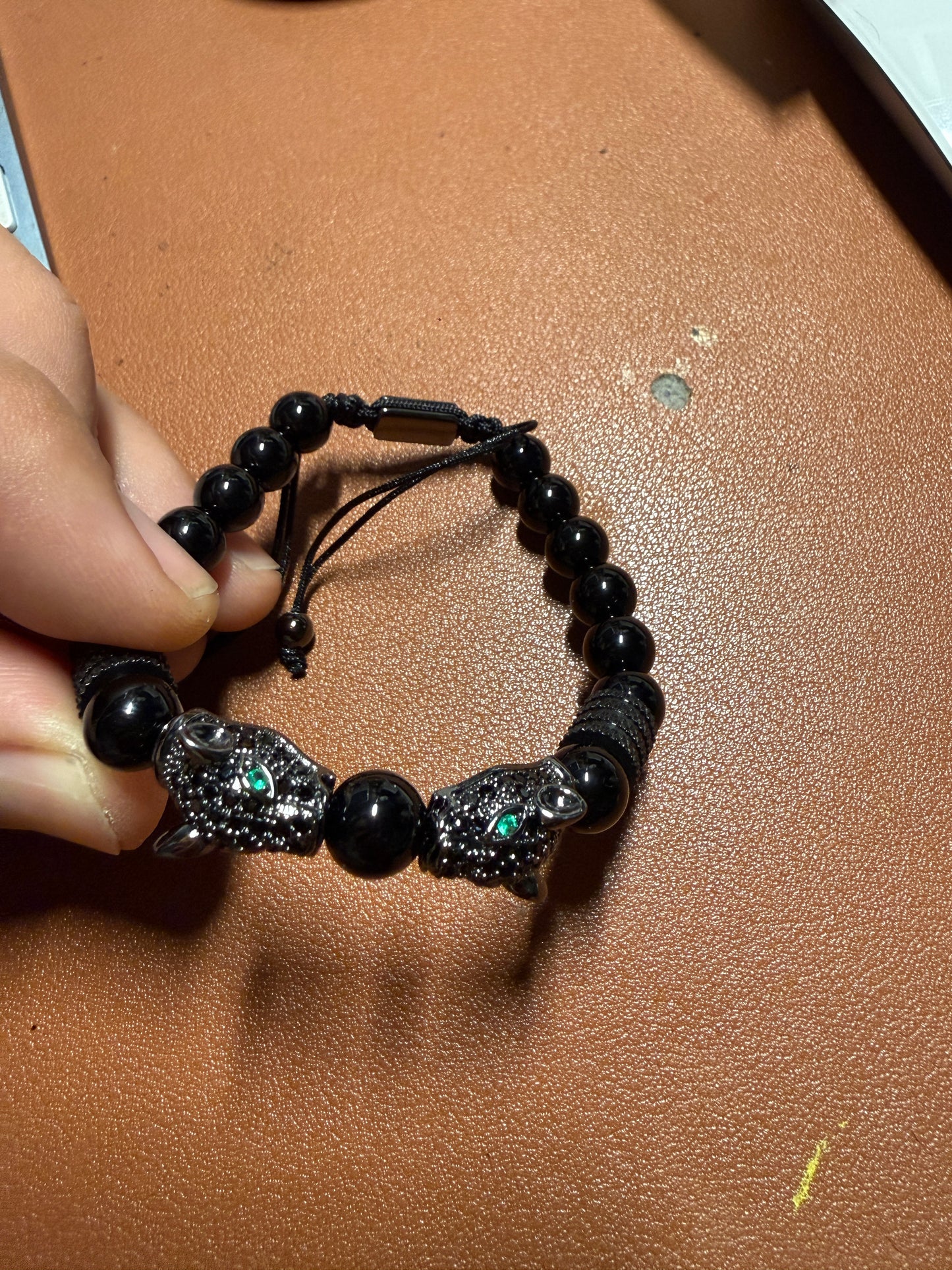 Kissing Mayan Jaguars Obsidian Stone Beads Bracelet Bracelets Men or Women (#14)