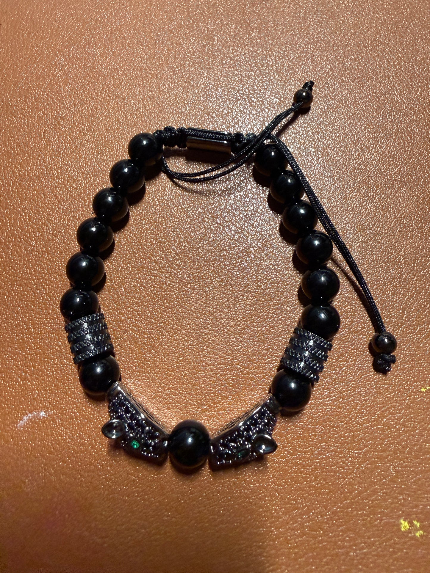 Kissing Mayan Jaguars Obsidian Stone Beads Bracelet Bracelets Men or Women (#14)