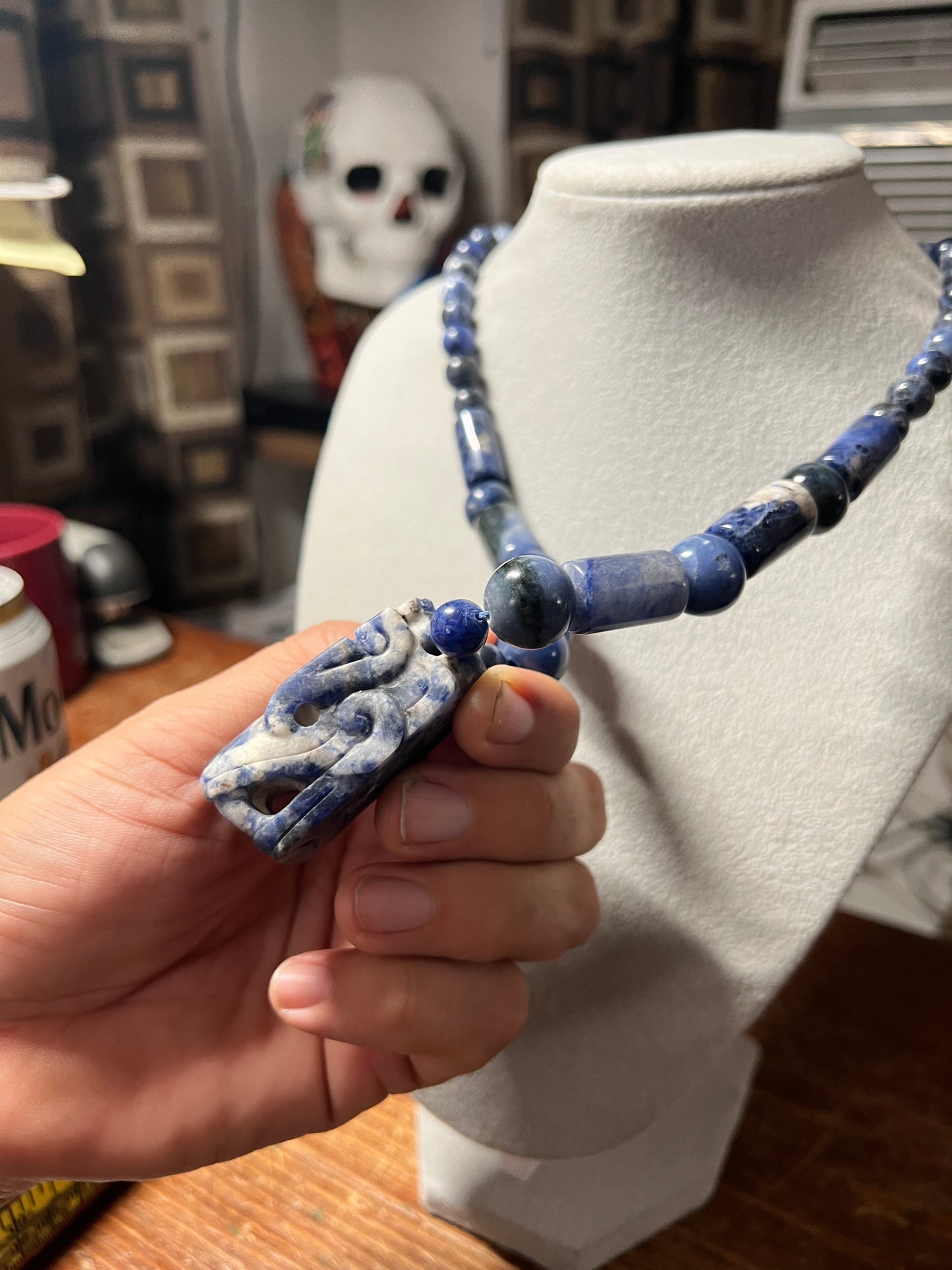 Blue Sodalite Quetzalcoatl Beaded Necklace, Mexican, Azteca, Kukulkan Maya #14