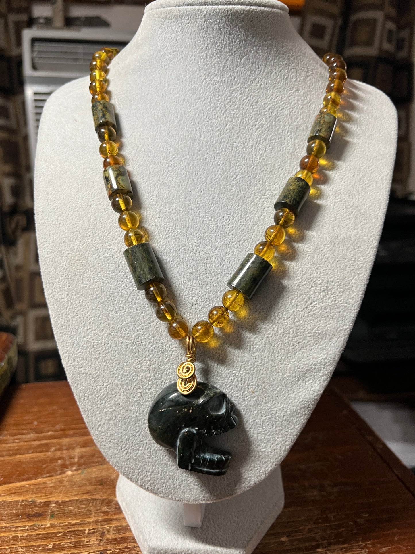 Jade Maquiztli Skull Aztec Pendant, Amber Parakeet Jade Beads, adjustable (#12)