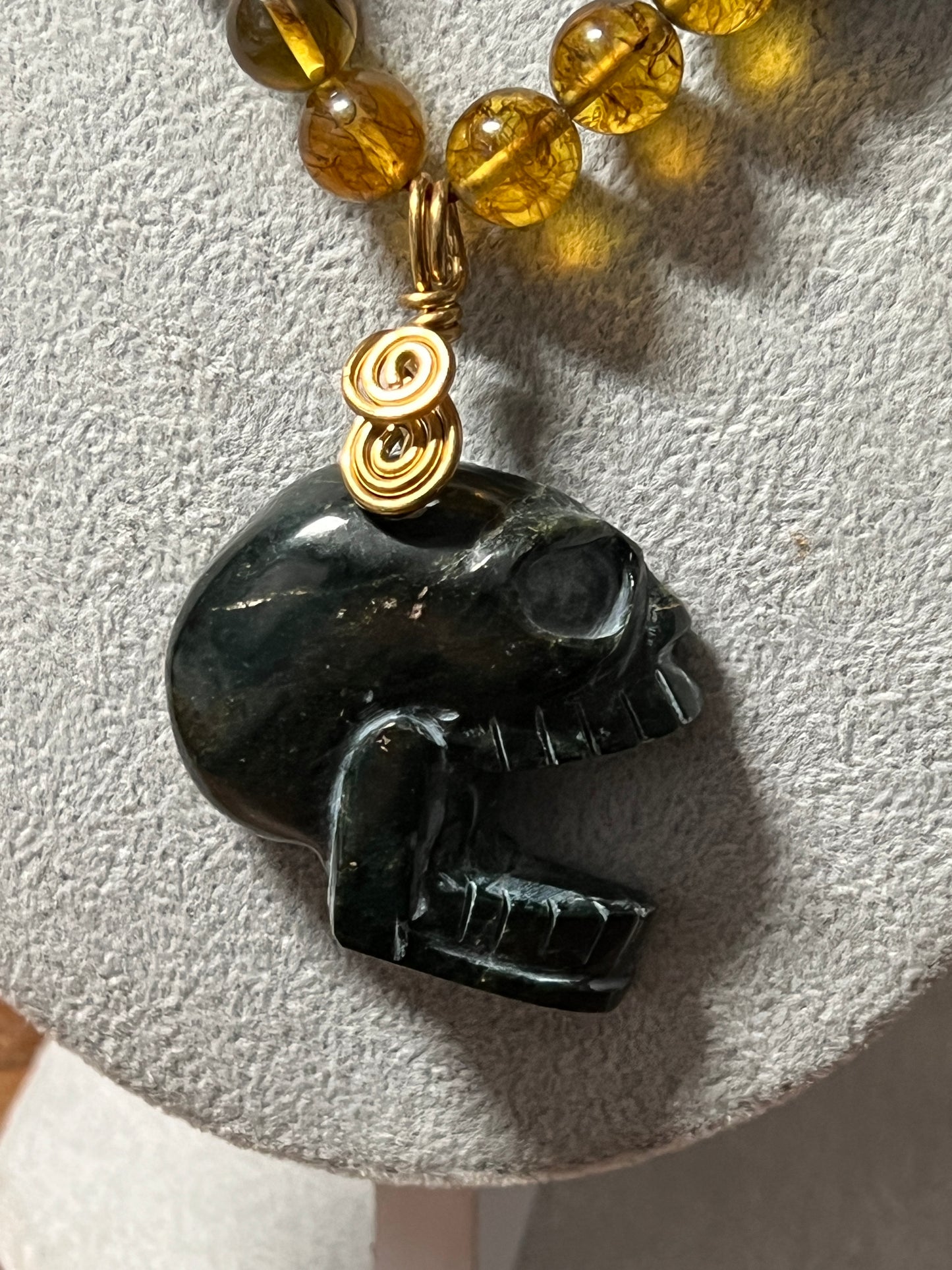 Jade Maquiztli Skull Aztec Pendant, Amber Parakeet Jade Beads, adjustable (#12)