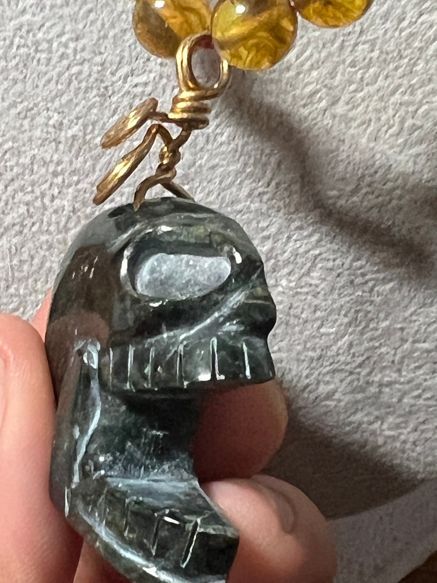 Jade Maquiztli Skull Aztec Pendant, Amber Parakeet Jade Beads, adjustable (#12)