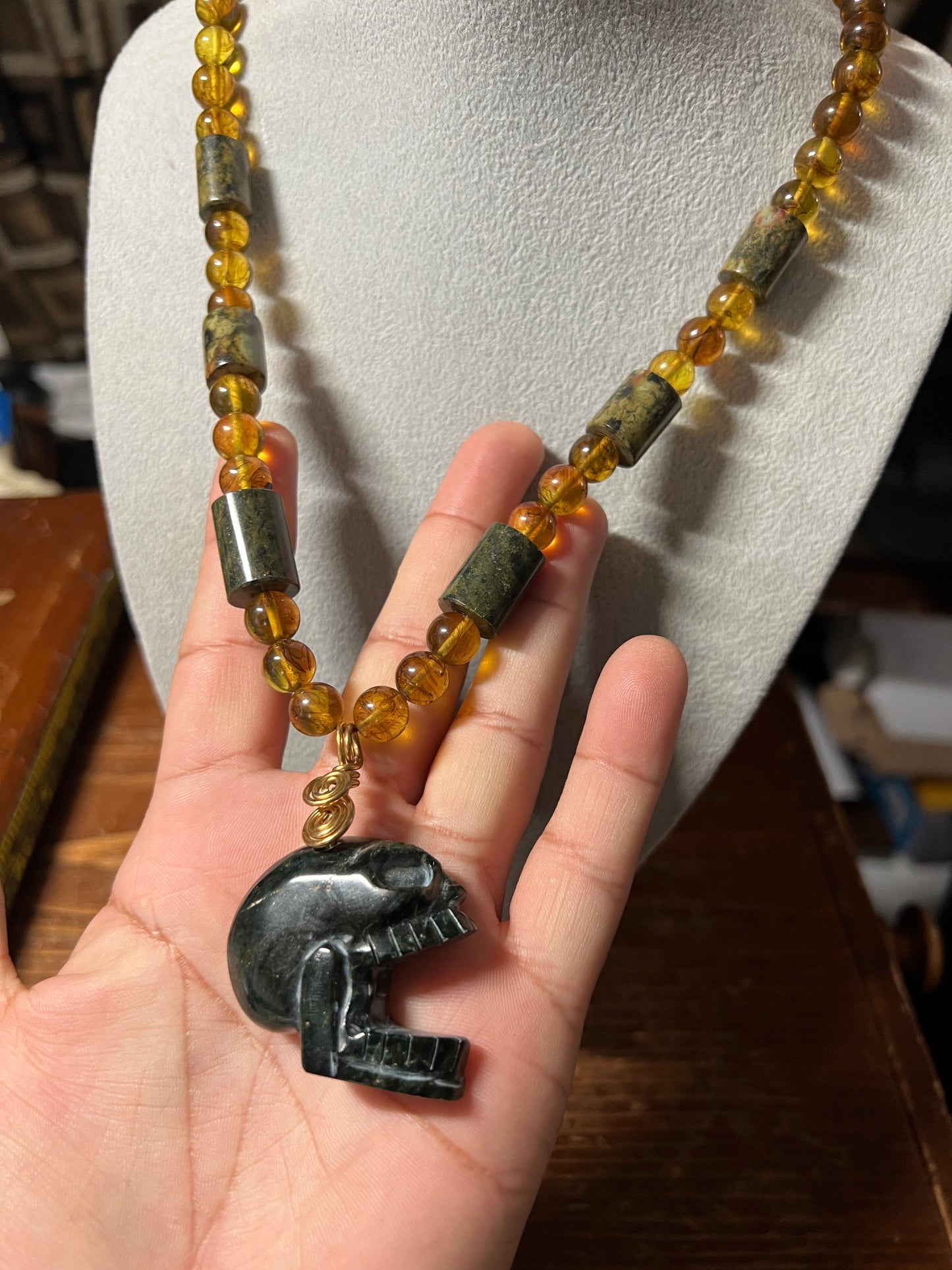 Jade Maquiztli Skull Aztec Pendant, Amber Parakeet Jade Beads, adjustable (#12)