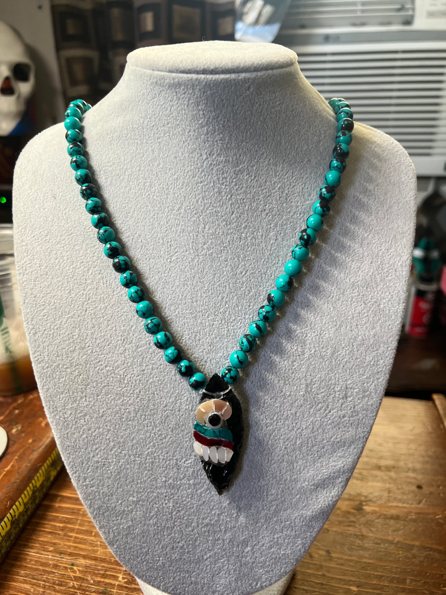 Long Tecpatl Aztec Obsidian Pendant Flint Knife, Mini Turquoise Beaded Necklace, Symbol for Sorcery, Shape Shifting Sterling Silver pendants, Mexico (#12)