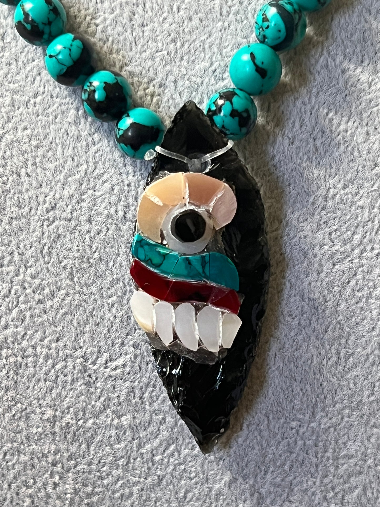 Long Tecpatl Aztec Obsidian Pendant Flint Knife, Mini Turquoise Beaded Necklace, Symbol for Sorcery, Shape Shifting Sterling Silver pendants, Mexico (#12)