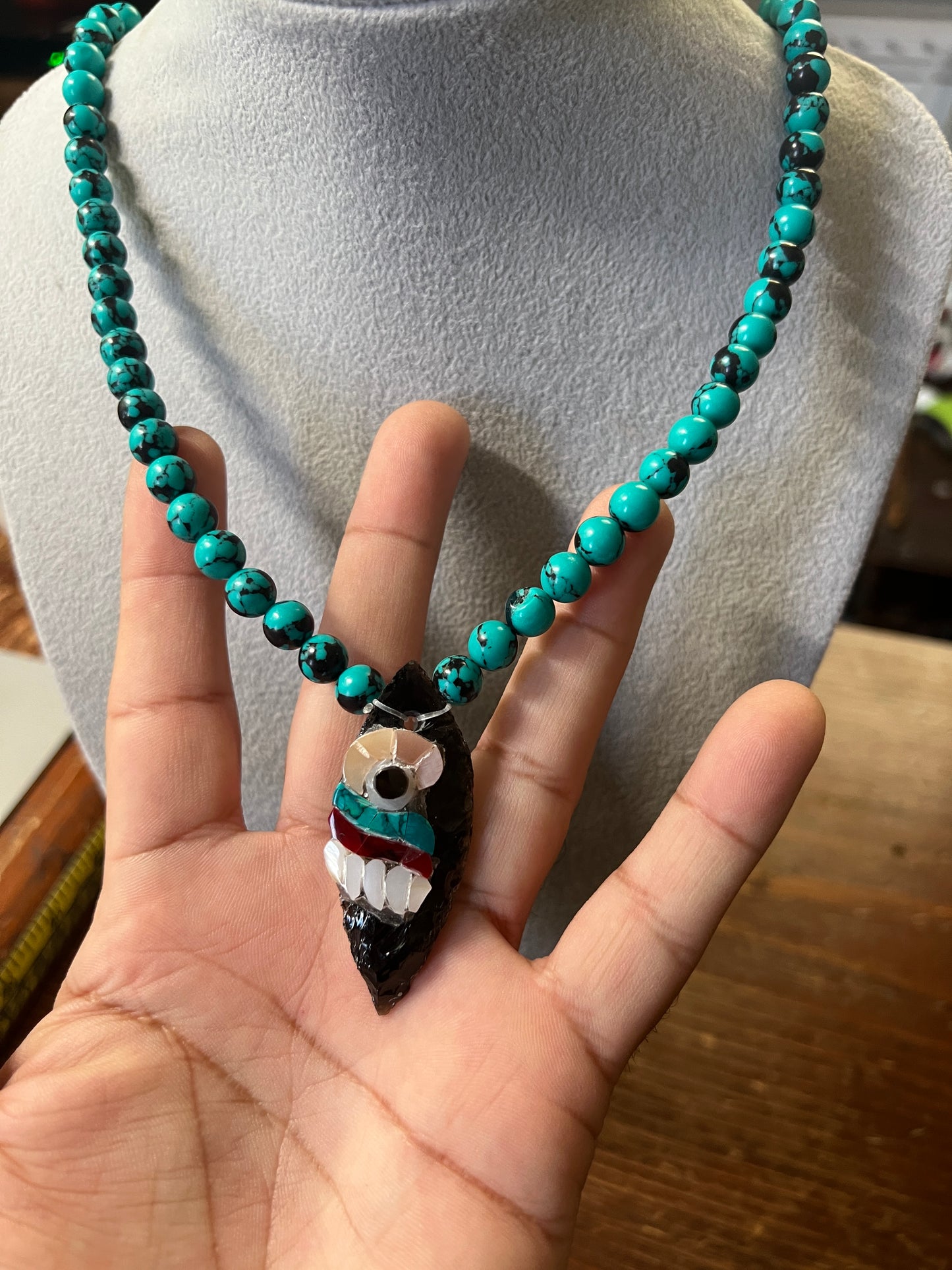 Long Tecpatl Aztec Obsidian Pendant Flint Knife, Mini Turquoise Beaded Necklace, Symbol for Sorcery, Shape Shifting Sterling Silver pendants, Mexico (#12)