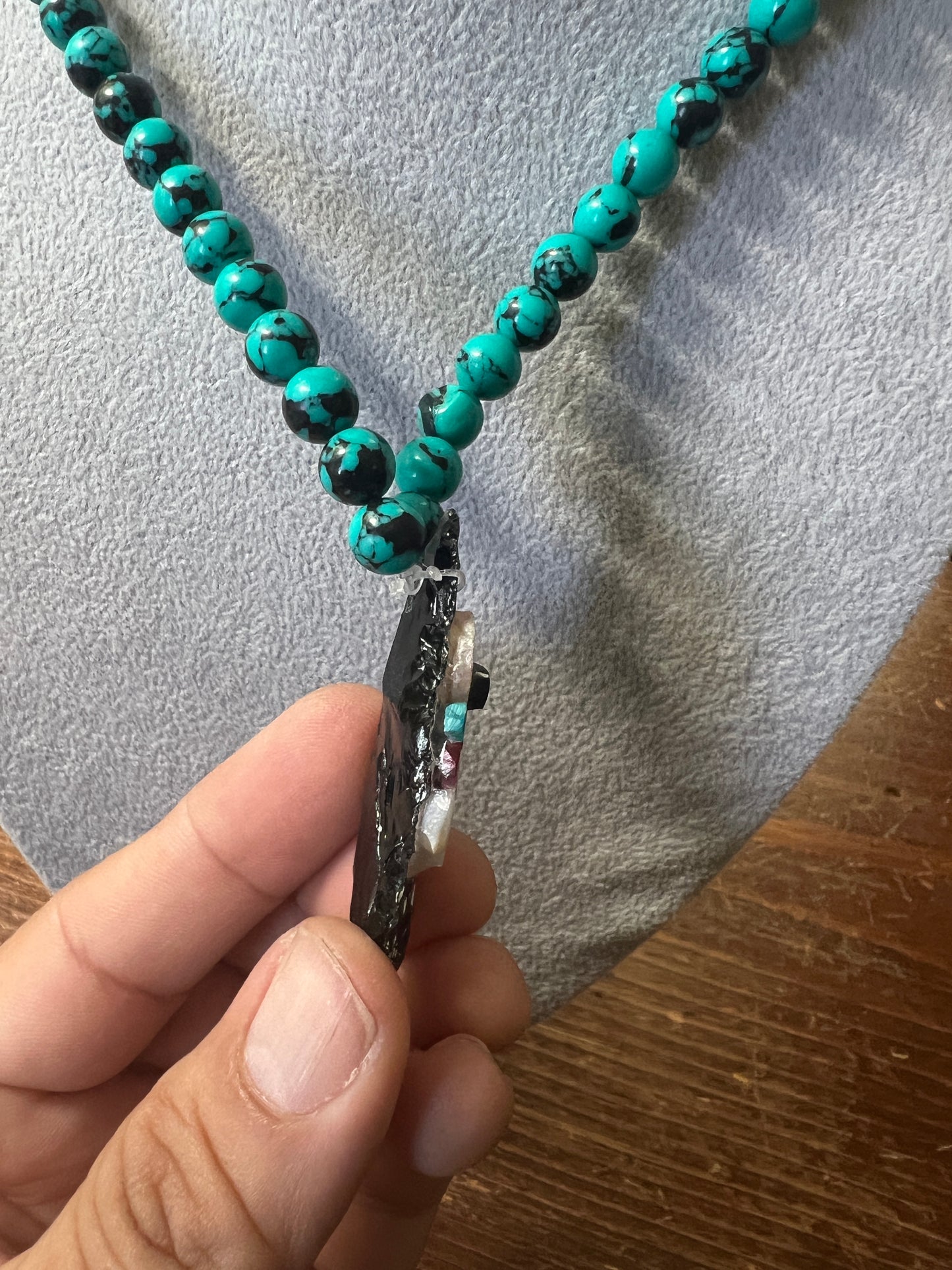 Long Tecpatl Aztec Obsidian Pendant Flint Knife, Mini Turquoise Beaded Necklace, Symbol for Sorcery, Shape Shifting Sterling Silver pendants, Mexico (#12)