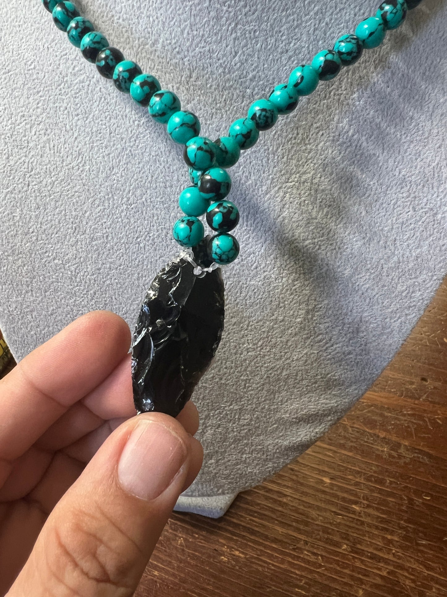 Long Tecpatl Aztec Obsidian Pendant Flint Knife, Mini Turquoise Beaded Necklace, Symbol for Sorcery, Shape Shifting Sterling Silver pendants, Mexico (#12)