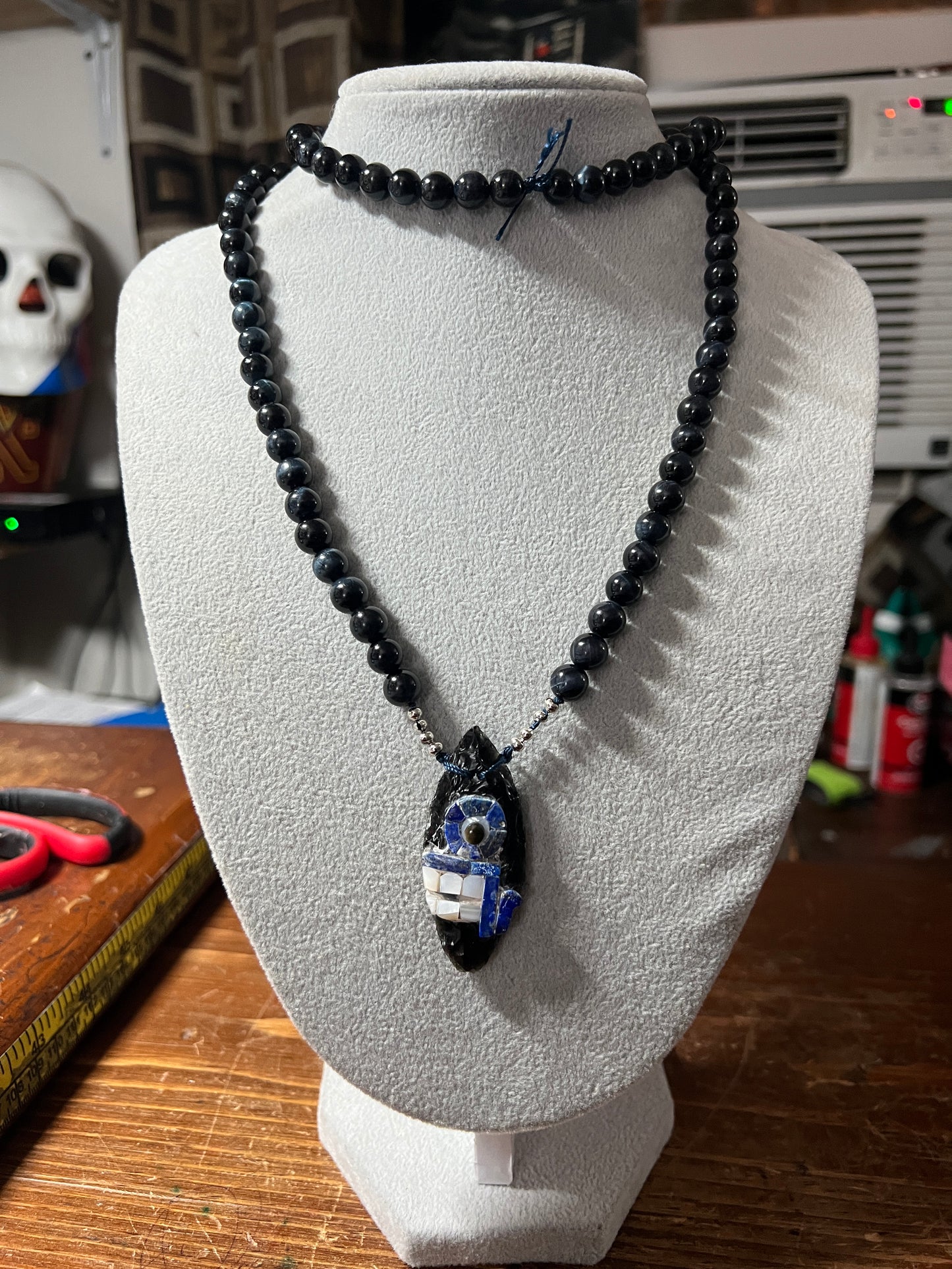 Long Tecpatl Aztec Obsidian Pendant Flint Knife, Mini Black Blue Obsidian Beaded Necklace, Symbol for Sorcery, Shape Shifting Sterling Silver pendants, Mexico (#12)