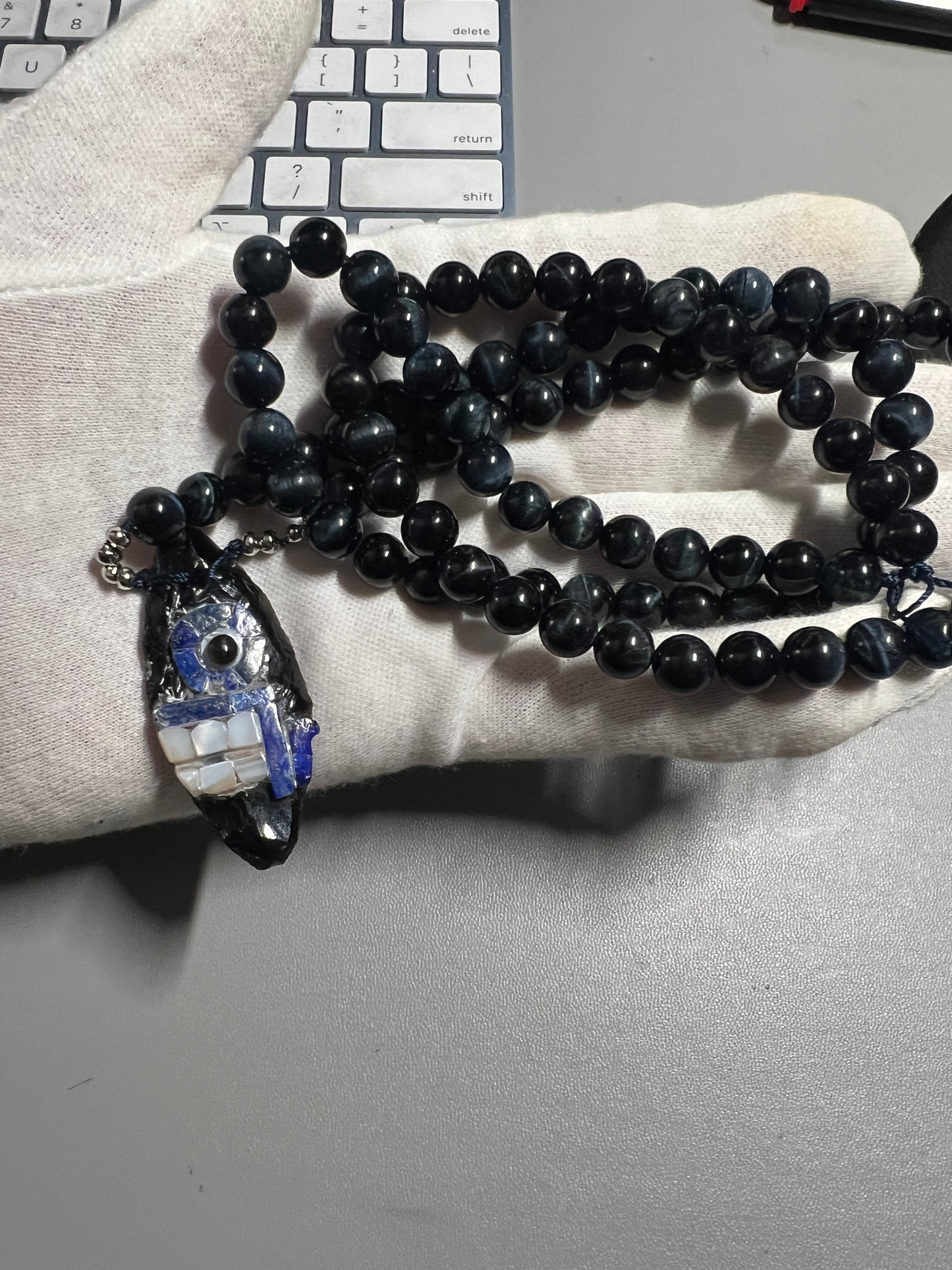 Long Tecpatl Aztec Obsidian Pendant Flint Knife, Mini Black Blue Obsidian Beaded Necklace, Symbol for Sorcery, Shape Shifting Sterling Silver pendants, Mexico (#12)