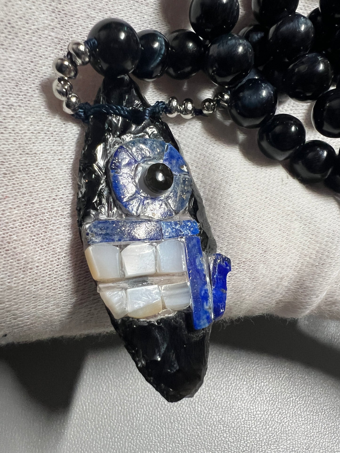 Long Tecpatl Aztec Obsidian Pendant Flint Knife, Mini Black Blue Obsidian Beaded Necklace, Symbol for Sorcery, Shape Shifting Sterling Silver pendants, Mexico (#12)